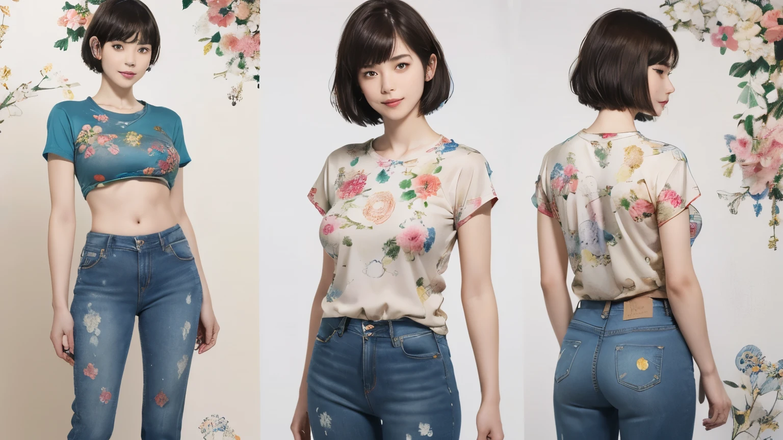156
(Shorthair:1.46), (a 20 yo woman, standing), (A hyper-realistic), (Masterpiece), (8KUHD), (gentle smile), Slender waist, Wearing jeans, ((Floral Clothing - T-Shirts)), Wearing long pants, abstract splash painting, (doodle:1.46), (breasts:1.46), (口紅)