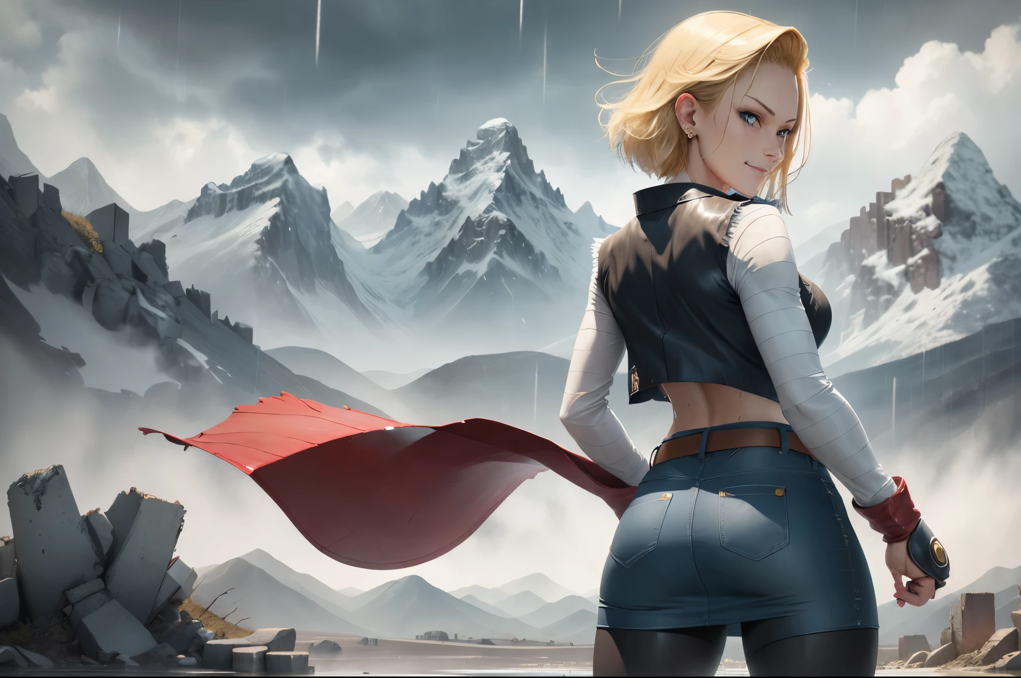 best quality, highres, and18, 1girl, android 18, solo, blonde hair, blue eyes, belt, tight blue demin skirt, gold_necklace, closed fists, black shirt, short hair, long sleeves, earrings, open vest, denim vest, medium breasts, cowboy shot, mountains, straight-on, (weather: raining and windy), wet clothes, fierce smile, combat stance, full length pantyhose, battle ruins, wide hips, thick legs, wet body, dirty clothes, from behind,