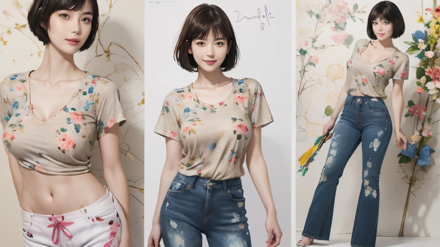 156
(Shorthair:1.46),  (a 20 yo woman, standing), (A hyper-realistic), (Masterpiece), (8KUHD), (gentle smile), Slender waist, Wearing jeans, ((Floral Clothing - T-Shirts)), Wearing long pants, abstract splash painting, (doodle:1.46), (breasts:1.46), (口紅)
