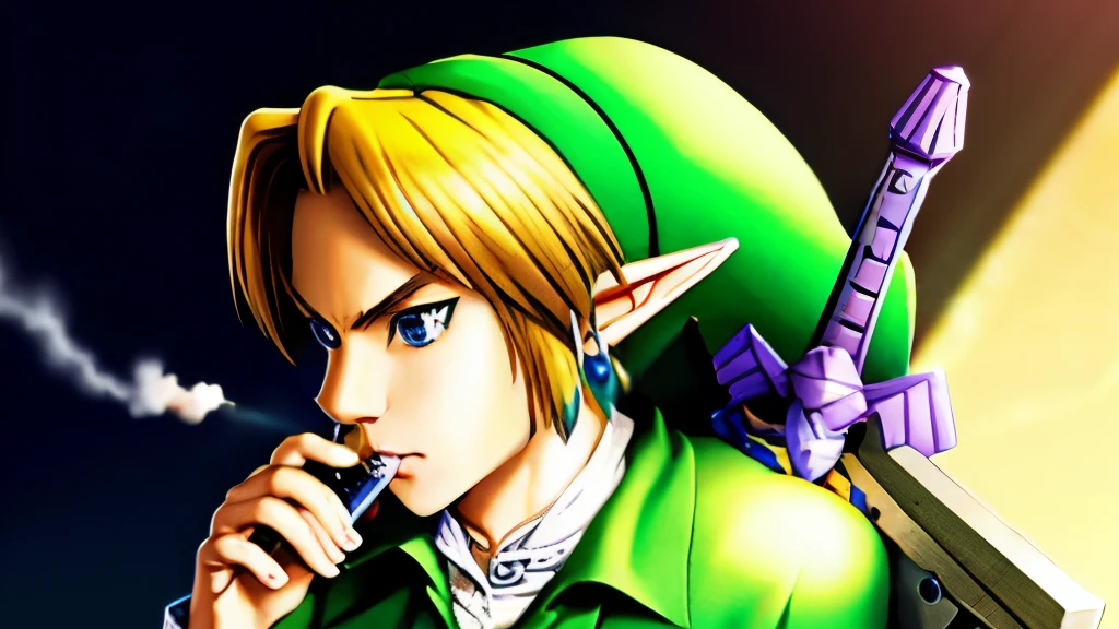 Link is smoking weed too heal his wounds. Legend of Zelda, smoking, marijuana, wounds, scratches, torn clothes, beaten up, relief,  human, smoked joint from mouth, painful expression