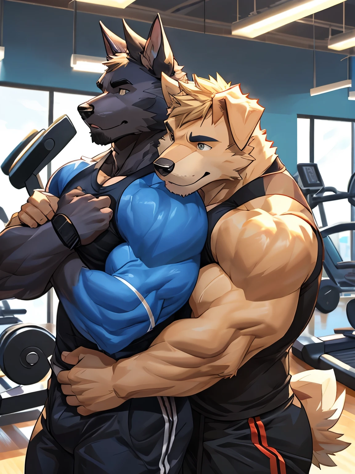 Furry Dog, Muscular, Handsome, Good Looking, Gym Set, Exercising, Hot, Gym Background, Rippled Muscles, Manly, duo, ((Dog hugging dog)