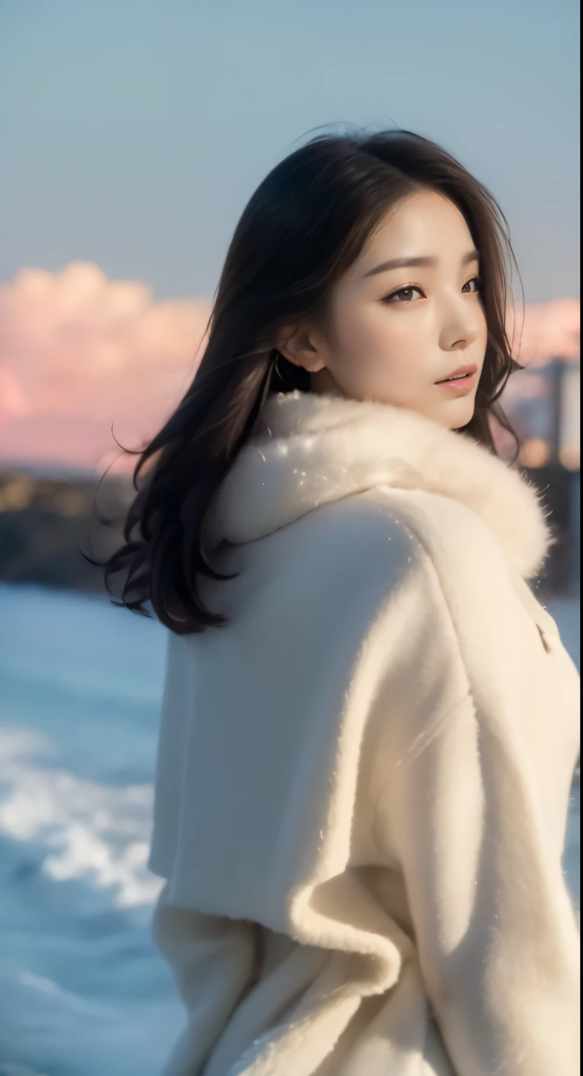 ((master piece, 32K,8K,wallpaper, High resolution, stupid reply,RAW photography,)),(Realistic:1.5),(movie lighting),(Detailed fingers),(high detail skin:1.lettie's eyes),1 huge breasts,alone, winter, Yuki, fur collar trench coat, high neck sweater, , lace pantyhose,(Huge grabbed),twilight,Rosy clouds,Wind,Hair flies,