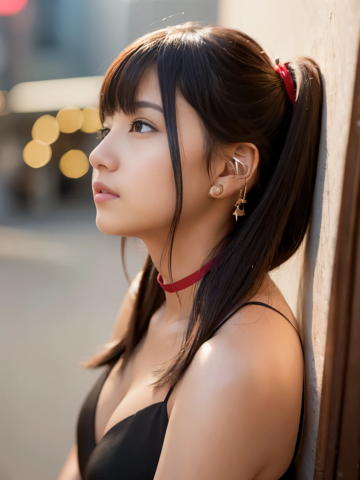 (photorealistic stick:1.2)、8K UHD、High resolution、(1 girl)、((profile))、(black hairedshort hair)、((knee shot))、(high quality shadow)、Beautiful and delicate face in every detail、Beautiful and delicate eyes in every detail、20's、(black haired)、cute kpop girl、(Korean Ulsan Face)、(Ulchan-6500-v1.1:0.6)、(look up at the sky)、glow eye、perfect body、 Incredible dynamic range photography(utility_Art by Smooth-768:1.1), cheek、bright red lipstick、glossy lips、natural color reproduction、((strong light))、(choker)、(Red transparent nose)、((red eyes))、((beautiful fingers))、 (short hair)、shiny hair、Description Beautiful and delicate hair、(Glossy skin)、(Black see-through dress)、(black hairedショートカット)、(evening)、(On the windowsill)、(Ruins of concrete)、(background blur)、ponytail髪型、(In 4K, best quality, High resolution:1.1), (Reality, photorealistic:1), (cute type:1.8), solo, detailed eyes, brown eyes, innocent eyes, blush, supreme masterpiece, Beautiful lights, movie lights, Movie Particles, Jewelry is, heart shaped earrings, bangs, Cherry lips, look at the audience, ponytail, side ponytail, Depth of bounds written, background blur, Eye focus, 85mm lens, Breasts F/1.4, professional lighting, photon mapping, radio city, Physically based rendering, high detail, muste piece,