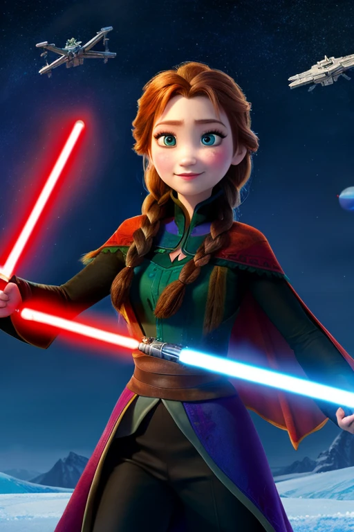 Disney princess from Frozen dressed in Sith clothes and holding a red Star Wars style lightsaber in her hands, with war spaceships in the background