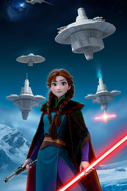 Disney princess from Frozen dressed in Sith clothes and holding a red Star Wars style lightsaber in her hands, with war spaceships in the background