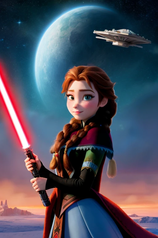 Disney princess from Frozen dressed in Sith clothes and holding a red Star Wars style lightsaber in her hands, with war spaceships in the background