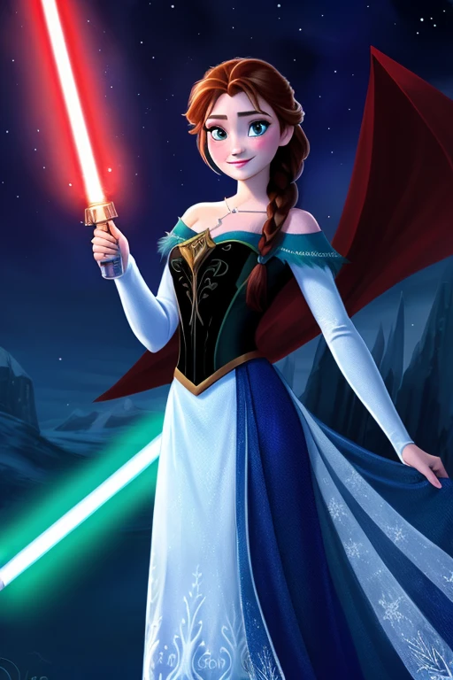 Disney princess from Frozen dressed in Sith clothes and holding a red Star Wars style lightsaber in her hands, with war spaceships in the background