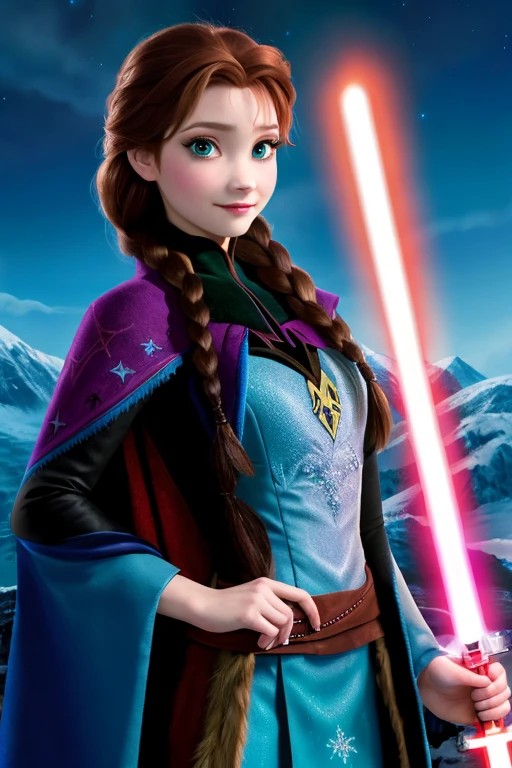 Disney princess from Frozen dressed in Sith clothes and holding a red Star Wars style lightsaber in her hands, with war spaceships in the background