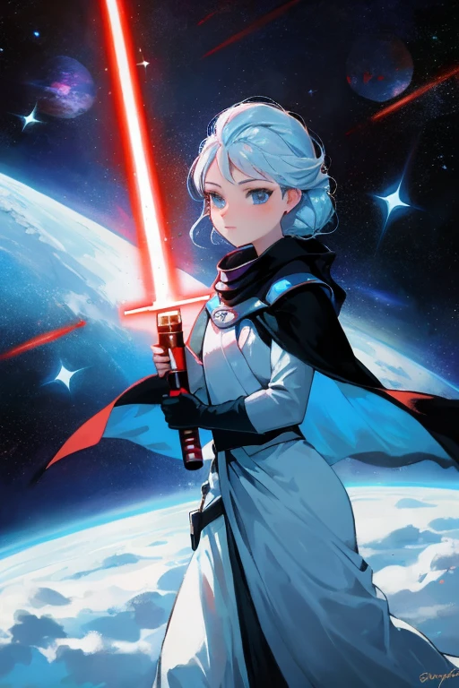 Disney princess from Frozen dressed in Sith clothes and holding a red Star Wars style lightsaber in her hands, with war spaceships in the background