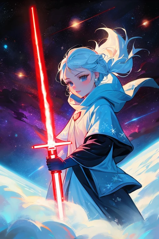 Disney princess from Frozen dressed in Sith clothes and holding a red Star Wars style lightsaber in her hands, with war spaceships in the background