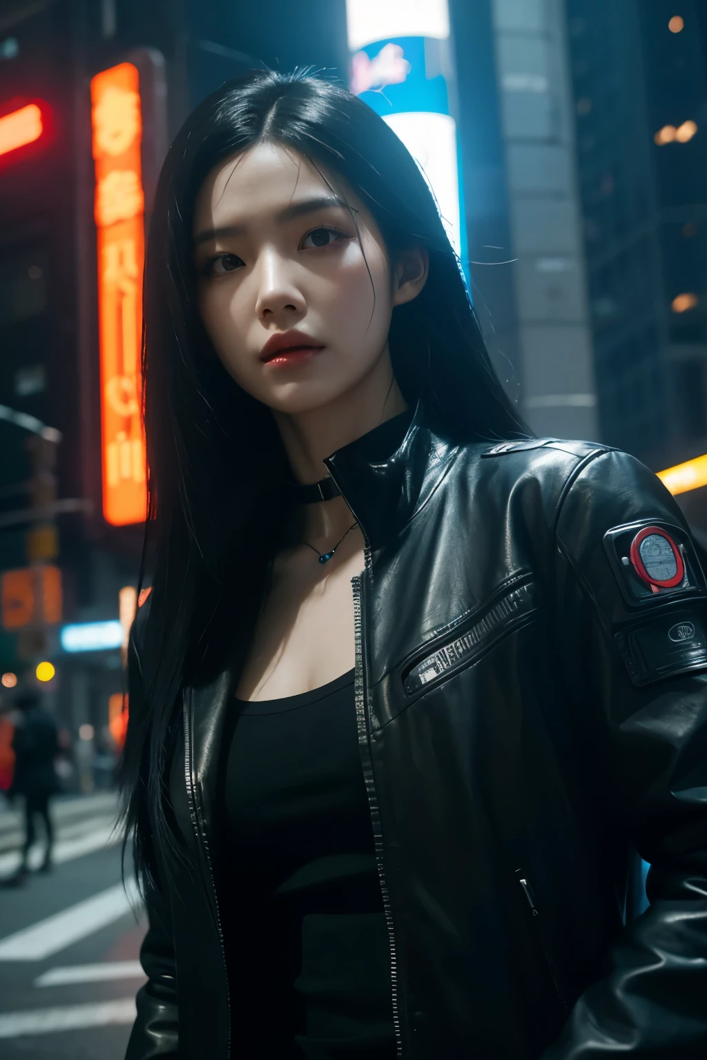a woman, black hair, long hair, korean, cyberpunk, futuristic city, ((masterpiece)), ((best quality)), cyberpunk style, detroit become human style.