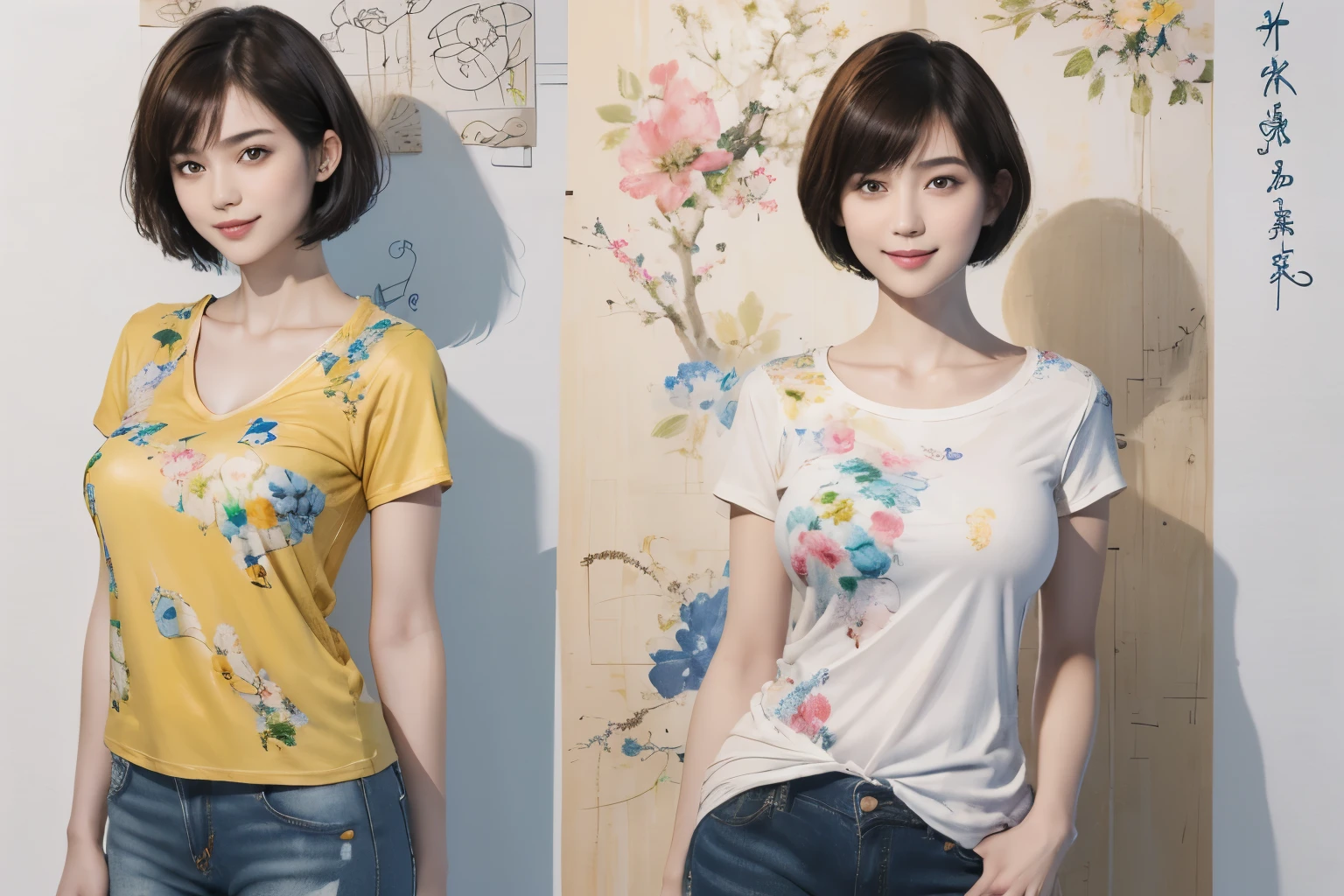 156
(Shorthair:1.46),  (a 20 yo woman, standing), (A hyper-realistic), (Masterpiece), (8KUHD), (gentle smile), Slender waist, Wearing jeans, ((Floral Clothing - T-Shirts)), Wearing long pants, abstract splash painting, (doodle:1.46), (breasts:1.46), (口紅)
