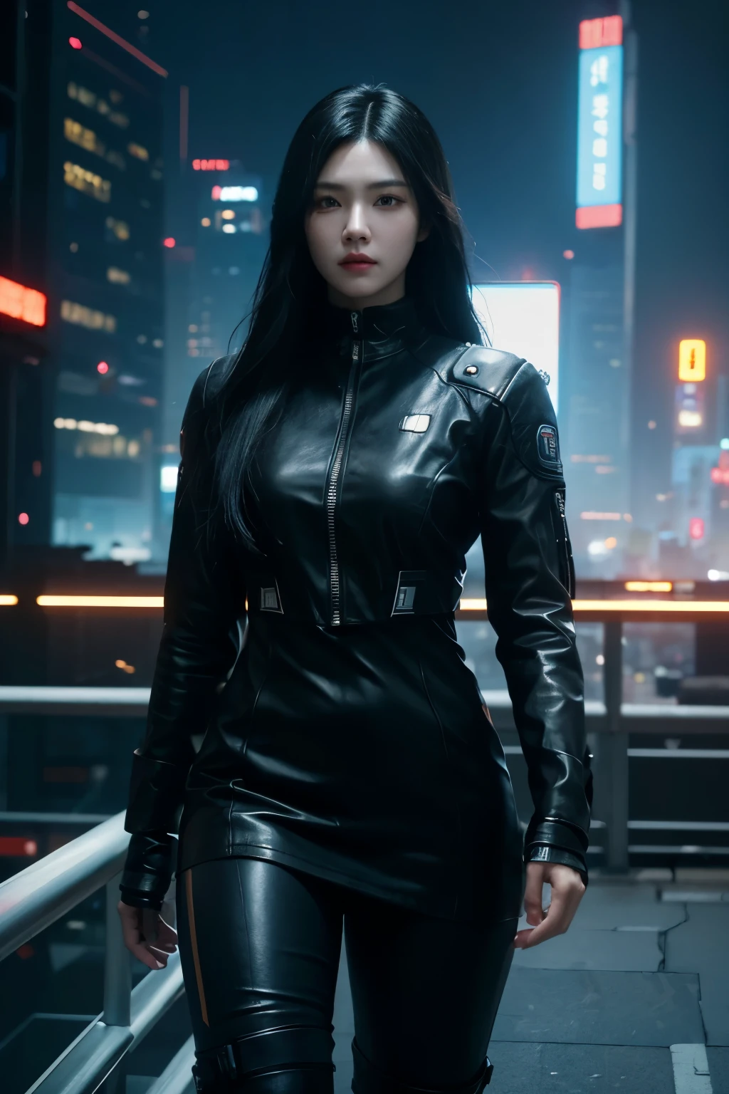 a woman, black hair, long hair, korean, shiny dress, cyberpunk, futuristic city, ((masterpiece)), ((best quality)), cyberpunk style, detroit become human style.