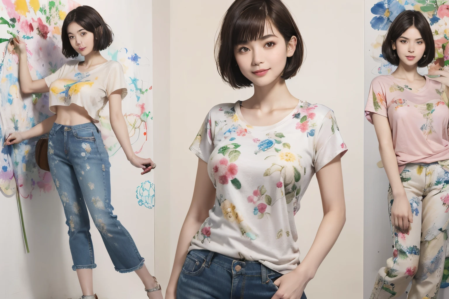 156
(Shorthair:1.46),  (a 20 yo woman, standing), (A hyper-realistic), (Masterpiece), (8KUHD), (gentle smile), Slender waist, Wearing jeans, ((Floral Clothing - T-Shirts)), Wearing long pants, abstract splash painting, (doodle:1.46), (:1.46), (口紅)

