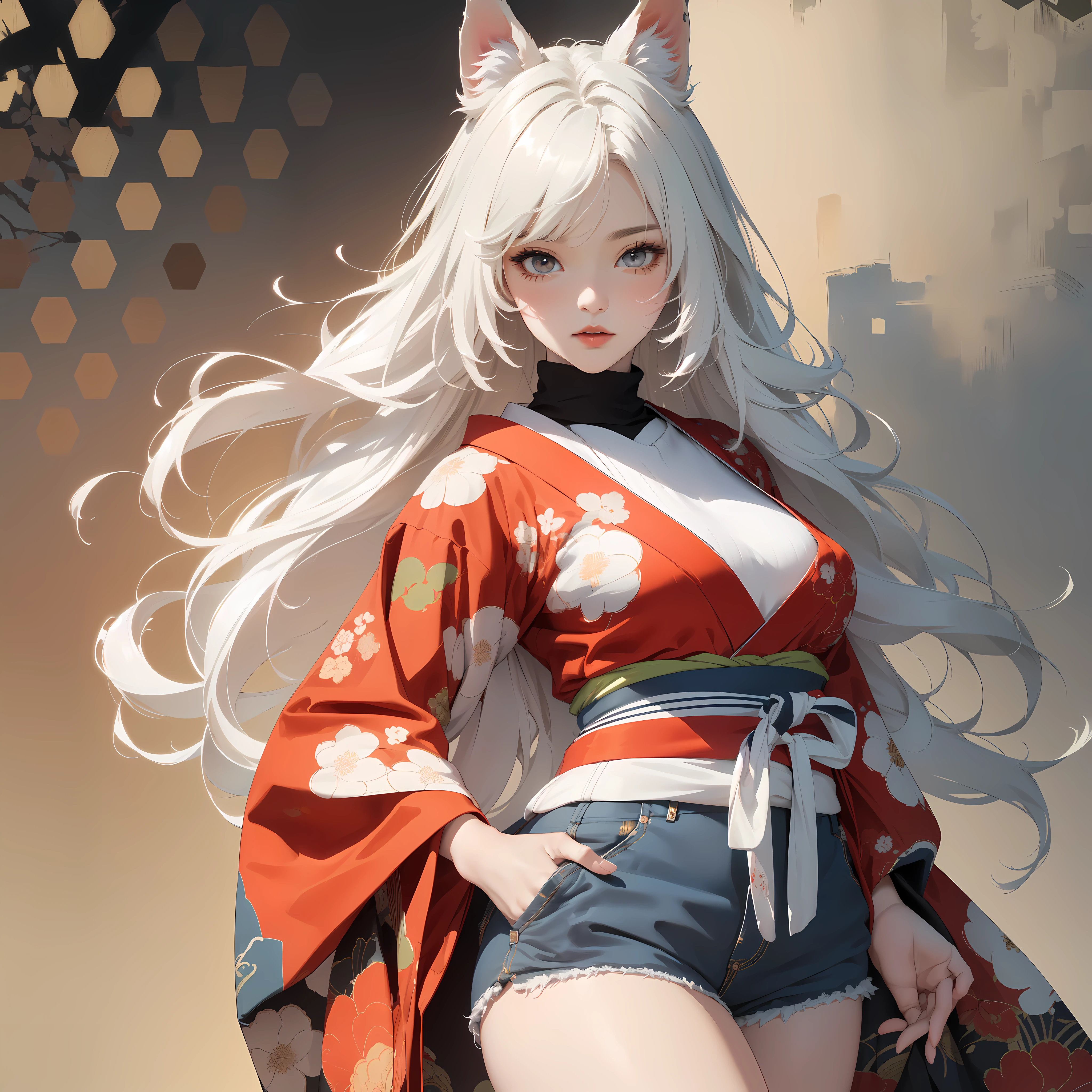 ((8k wallpaper of extremely detailed CG unit, masterpiece, hight resolution, top-quality, top-qualityのリアルテクスチャスキン)), (very beautiful and attractive woman, The upper part of the body, Landscape composition, Pose like a model with your hands in your pockets:1.5, Wear a Japanese-patterned haori over a turtleneck:1.2, Japanese pattern micro mini shorts:1.2), (messy white hair, Plump lips, de pele branca, medium breast), (((Colorful background with geometric patterns, Japanese pattern background, warm color))), (high-angle:1.1), (hyper realisitic, digitial painting), Fox's ears, fluffy ears,