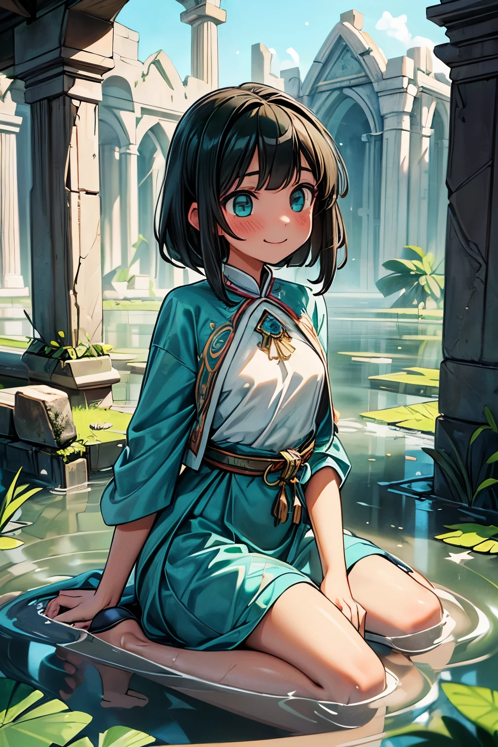((Masterpiece)), ((best quality)), (Professional Photography), (Photorealsitic:1.3), 1girl, cute teenage girl, (sad smile), praying, (Tribal priestess clothing), Turquoise green clothing, Slender body, small breast, barefoot, (silky black Hair), medium hair, cute eyes, Light particles, (wariza the Flooded ancient ruins cityscape), Grass is thriving, (Beautiful and clear waterside),