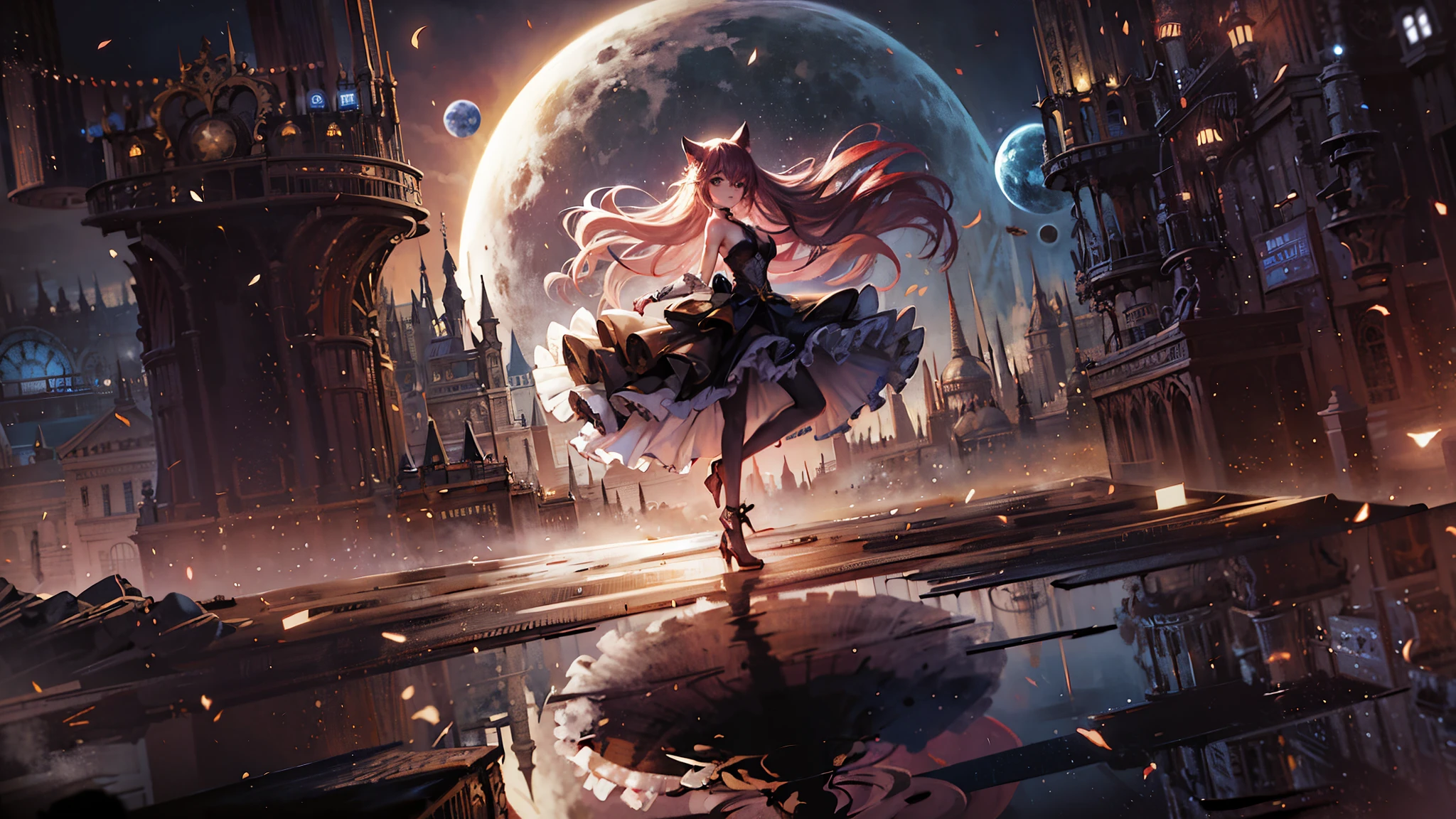 (high quality、8K、ultra hd,dark fantasy)、Cat-eared girl dancing on the moon、art animation style、You can see the earth in the background。mysterious、Perfect build、progressive house、by Yan J, Trending on ArtStation pixiv、digital painting、concept art、3D lighting、metal reflection、2D rendering、art germ、ArtStat Trends