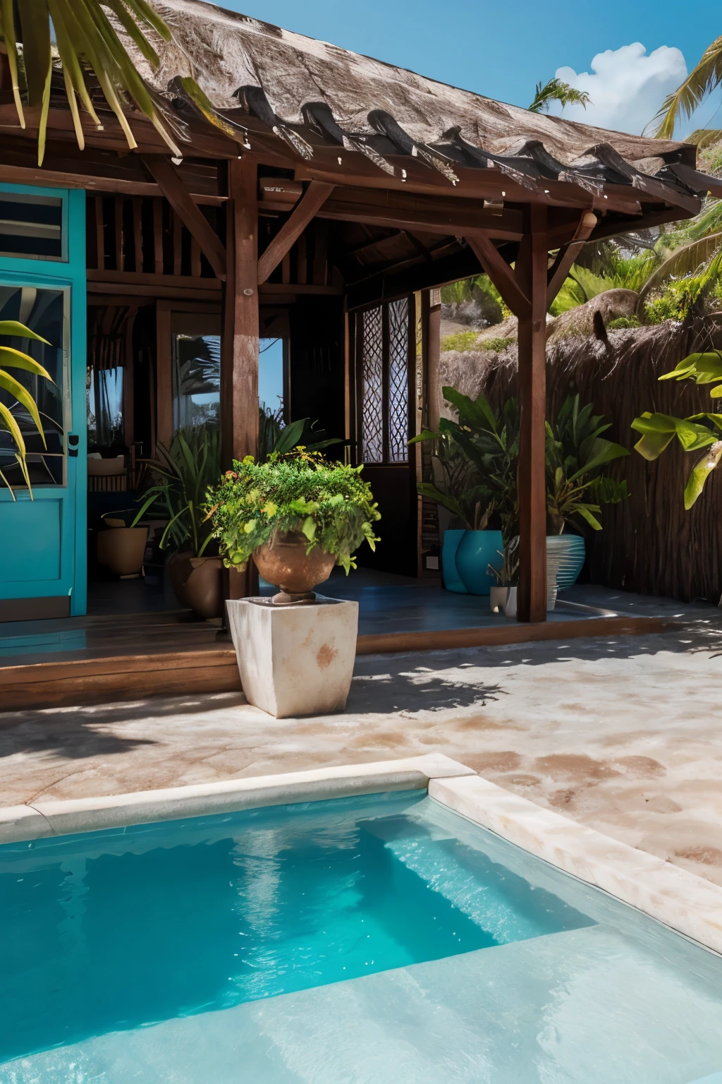 Photography of a beachfront airbnb house with pool in Mexico, extremely detailed, high resolution, masterpiece, best quality, intricate details, highly detailed, perfect angle, sharp focus, detailed textures, realistic textures, textures, realistic shadows, professionally captured, 4k, vibrant colors, filmed on Canon, wide-angle lens, shallow depth of field, post-processing, maximum details, roughness, real-life scene, ultra-realistic, photography style, photorealism, capturing essence of tropical paradise, 8k UHD, showcasing the beauty of Mexican coastline, captivating images.