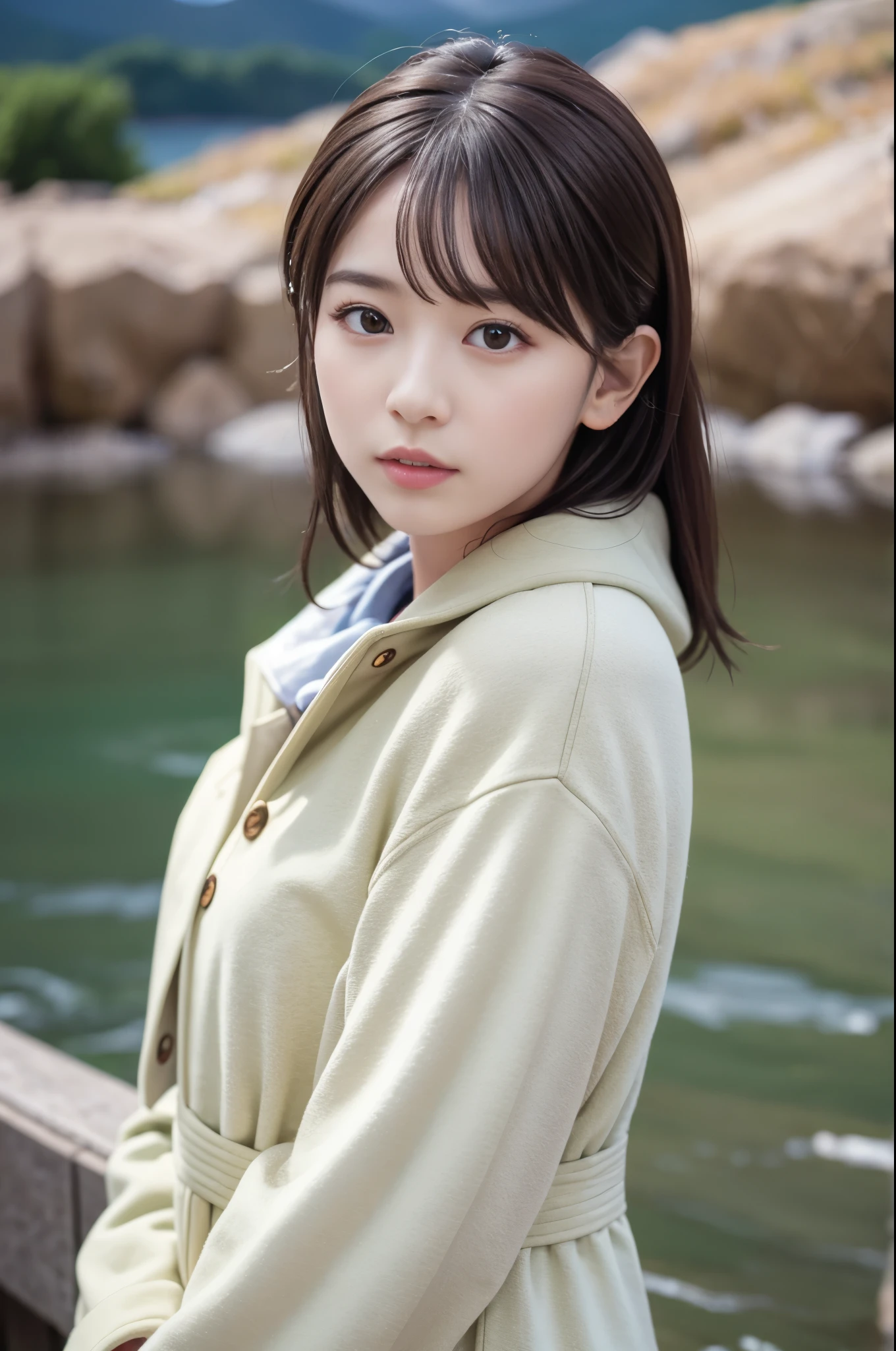(8K, RAW photo, highest quality, masterpiece:1.3), (realistic, photo-realistic:1.4), (Highly detailed 8K wallpaper), sharp focus, Depth of written boundary,
japanese idol,very cute, (coat:1.3),(straight here : 1.4), Upper body, highly detailed face and eyes,((shiny skin:1.2)), cinematic lighting, soft light, blur background,(Mountains bathed in the morning sun with a lake in the foreground)