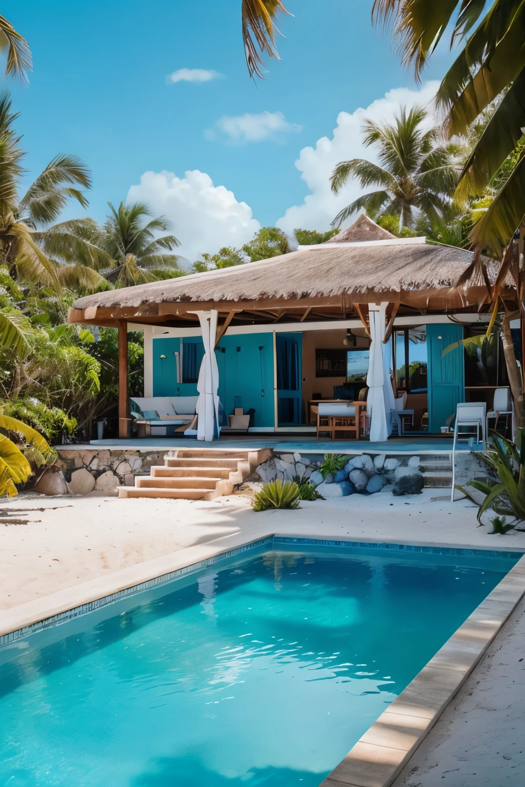 Photography of a beach front airbnb house with pool in Mexico, highly detailed, stunning architecture, white and blue colors blending harmoniously, palapa roofs, sun setting over the ocean, crystal clear pool, lush green foliage, sandy beach, sea waves crashing, coconut trees, sunbathers, margarita glasses on table, professionally captured, 4K ultra high definition, realism, vibrant colors, capturing the essence of tropical paradise, post-processing for maximum detail and clarity, RAW files, ultra-realistic photography, photography enthusiast's dream.