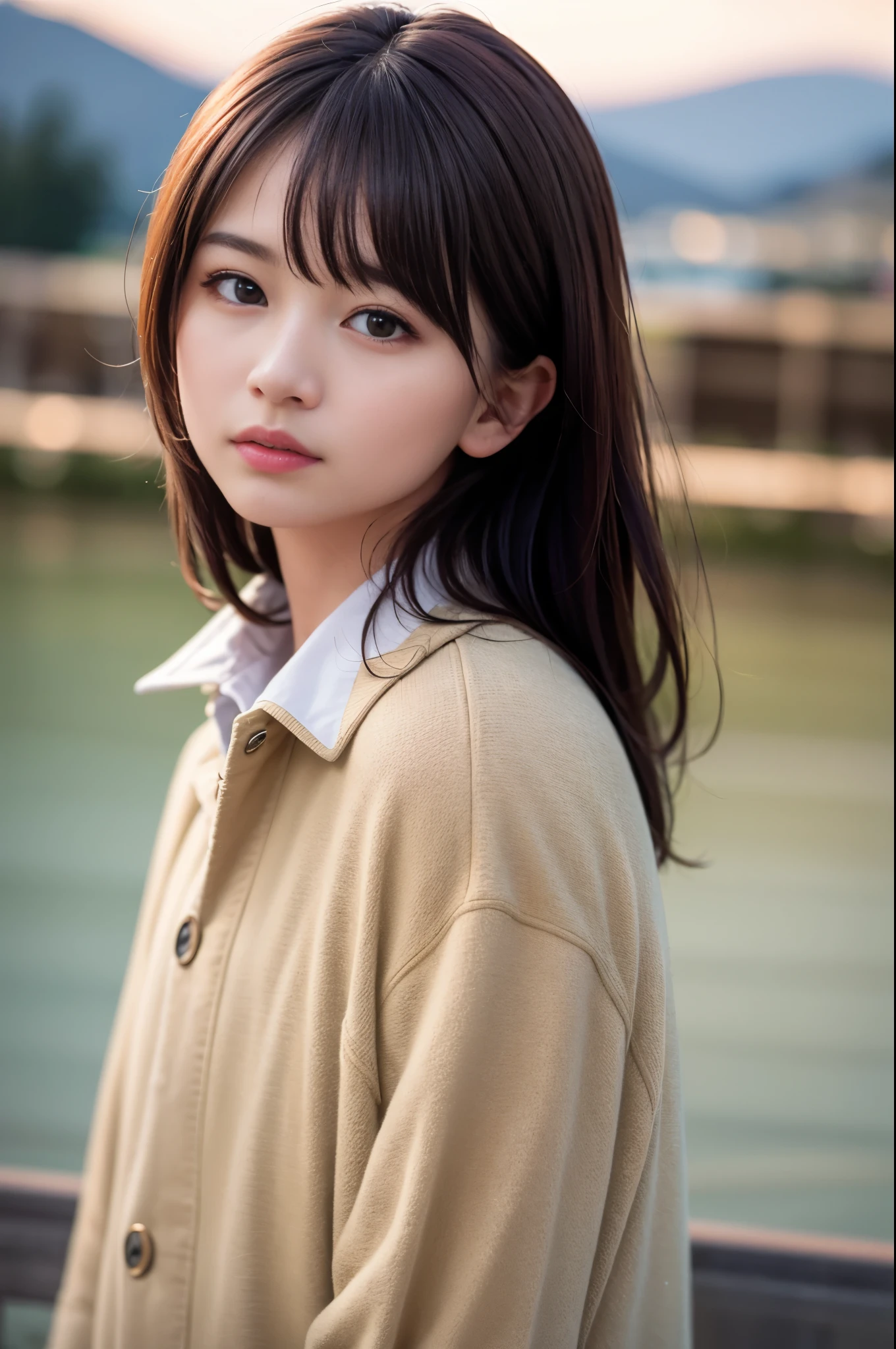 (8K, RAW photo, highest quality, masterpiece:1.3), (realistic, photo-realistic:1.4), (Highly detailed 8K wallpaper), sharp focus, Depth of written boundary,
japanese idol,very cute, (coat:1.3),(straight here : 1.4), Upper body, highly detailed face and eyes,((shiny skin:1.2)), cinematic lighting, soft light, blur background,(Mountains bathed in the morning sun with a lake in the foreground)
