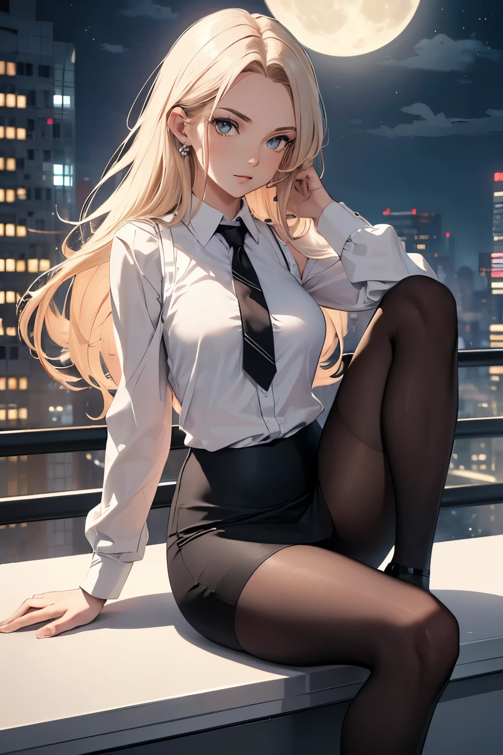 (best quality, 4k, 8k, highres, masterpiece:1.2), ultra-detailed, detailed face, detailed lips and eyes, attractive appearance, expressive face, realistic,
BREAK Valerie the Thief beautiful caucasian woman with messy wavy shoulder length blonde hair, 23 years old, height 165 cm, ((big eyes)), (brown eyes:1.3), brown eyebrows, fair skin, lean and athletic,
BREAK sitting at a desk, crossed legs,
BREAK (white and Oxford gray theme:1.3), (wearing a [[white and gray plaid pattern]] vest over a long sleeve white collared-shirt:1.4), (buttoned gray vest:1.2),
BREAK (pink theme:1.2), (pink necktie:1.3),
BREAK (black theme:1.4), (tight black pencil skirt:1.5), (pantyhose:1.3), (high heels:1.1),
BREAK (nowadays:1.5), (full moon:1.4), subtle shadows adding depth and dimension to the image,
BREAK An elegant, stylish, modern office with a large window providing a spectacular view of the city at night. The office is beautifully decorated with high-quality furniture and tasteful artwork. The walls are adorned with abstract paintings, adding a touch of sophistication to the space. The desk is made of sleek, dark wood, complementing the overall aesthetic. The windows are floor-to-ceiling, allowing ample moon light to flood the room. The cityscape outside is vibrant, with twinkling lights illuminating the buildings. The city's iconic landmarks can be seen in the distance. The office is bathed in a soft, warm glow, creating a cozy and inviting atmosphere.