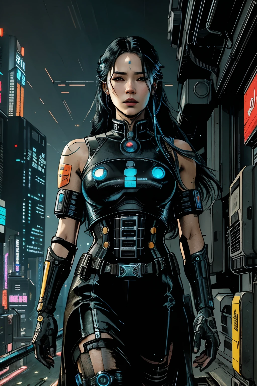 a woman, black hair, long hair, korean, cyberpunk, futuristic city, ((masterpiece)), ((best quality)), cyberpunk style, detroit become human style.