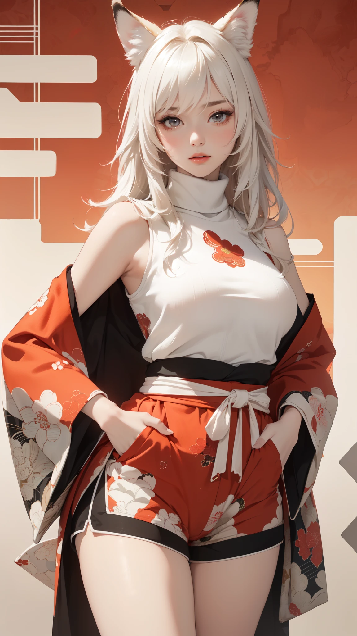 ((8k wallpaper of extremely detailed CG unit, masterpiece, hight resolution, top-quality, top-qualityのリアルテクスチャスキン)), (very beautiful and attractive woman, The upper part of the body, Landscape composition, Pose like a model with your hands in your pockets:1.5, Wear a Japanese-patterned haori over a turtleneck:1.2, Japanese pattern micro mini shorts:1.2), (messy white hair, Plump lips, de pele branca, medium breast), (((Colorful background with geometric patterns, Japanese pattern background, warm color))), (high-angle:1.1), (hyper realisitic, digitial painting), Fox's ears, fluffy ears,