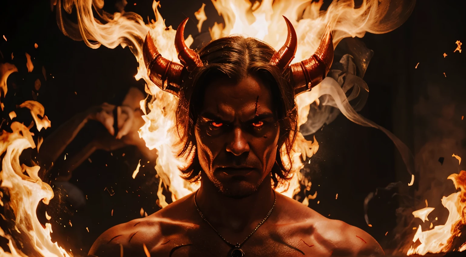 man, demon, scary, satan, fire, Red background, realistic