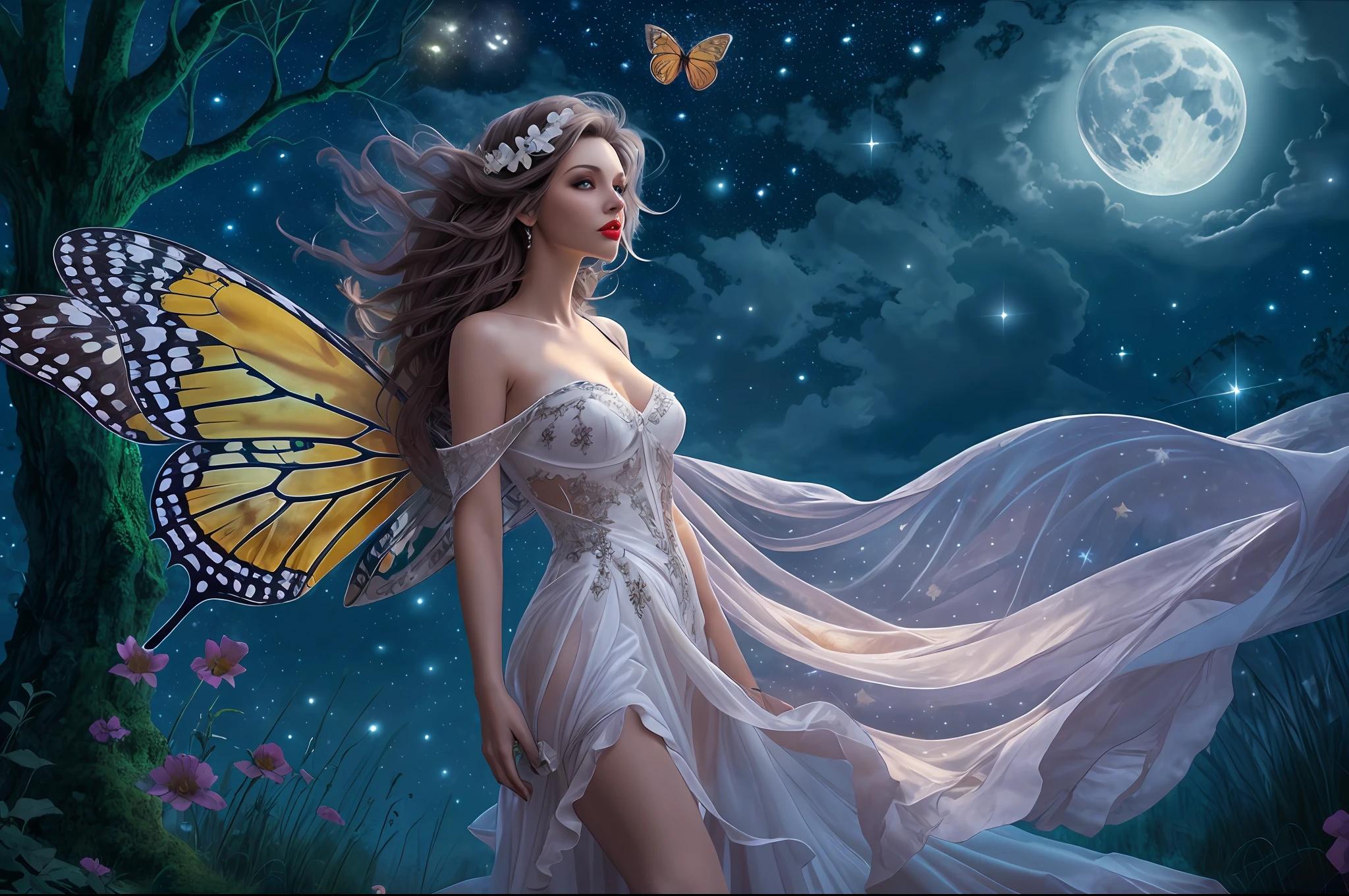 an image of a beautiful exquisite fairy woman standing under the starry night sky in the forest, dynamic angle (ultra detalhado, obra de arte, melhor qualidade), ultra detalhado face (ultra detalhado, obra de arte, melhor qualidade), ultra feminino, fare skin, Cabelo do Azure, cabelo ondulado, dynamic eye color, olhos brilhantes, olhos intensos, Red lips, usando vestido branco, vestido de seda elegante (ultra detalhado, obra de arte, melhor qualidade), ter asas de borboleta (ultra detalhado, obra de arte, melhor qualidade), wearing high heel suede boots, sky full of stars background, Lua, Detalhes da batida, melhor qualidade, 8k, [ultra detalhado], obra de arte, melhor qualidade, (ultra detalhado), corpo todo, foto ultra ampla, fotorrealismo, arte de fantasia,  estilo larry elmore,