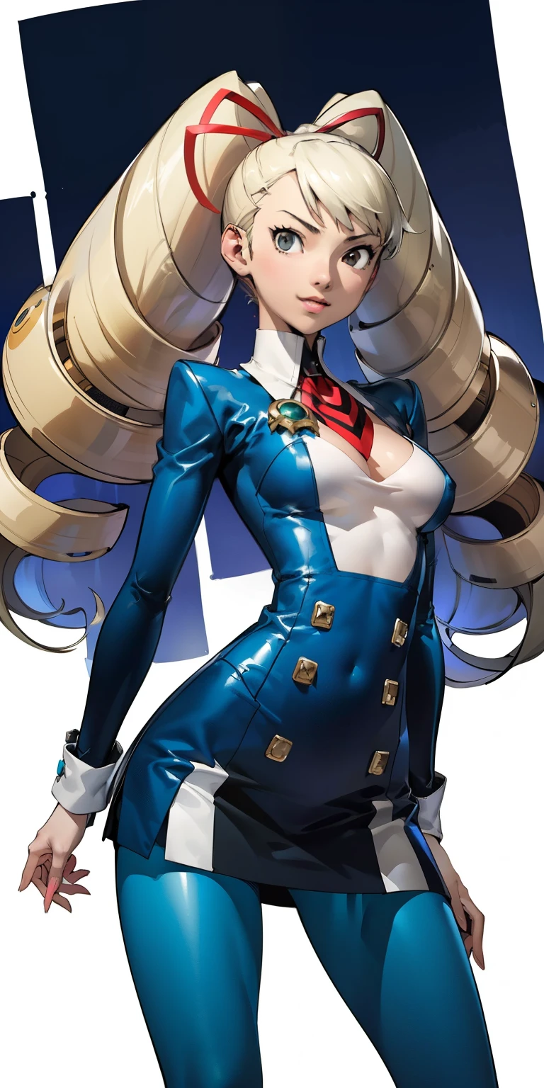 (Soejima Shigenori), masterpiece, best quality,1girl, adult Luna platz, (large breasts), mmplatz, twintails,twin drills,dress, blue pantyhose, pantyhose, Female, standing, straight, looking at viewer, with a collar around the neck