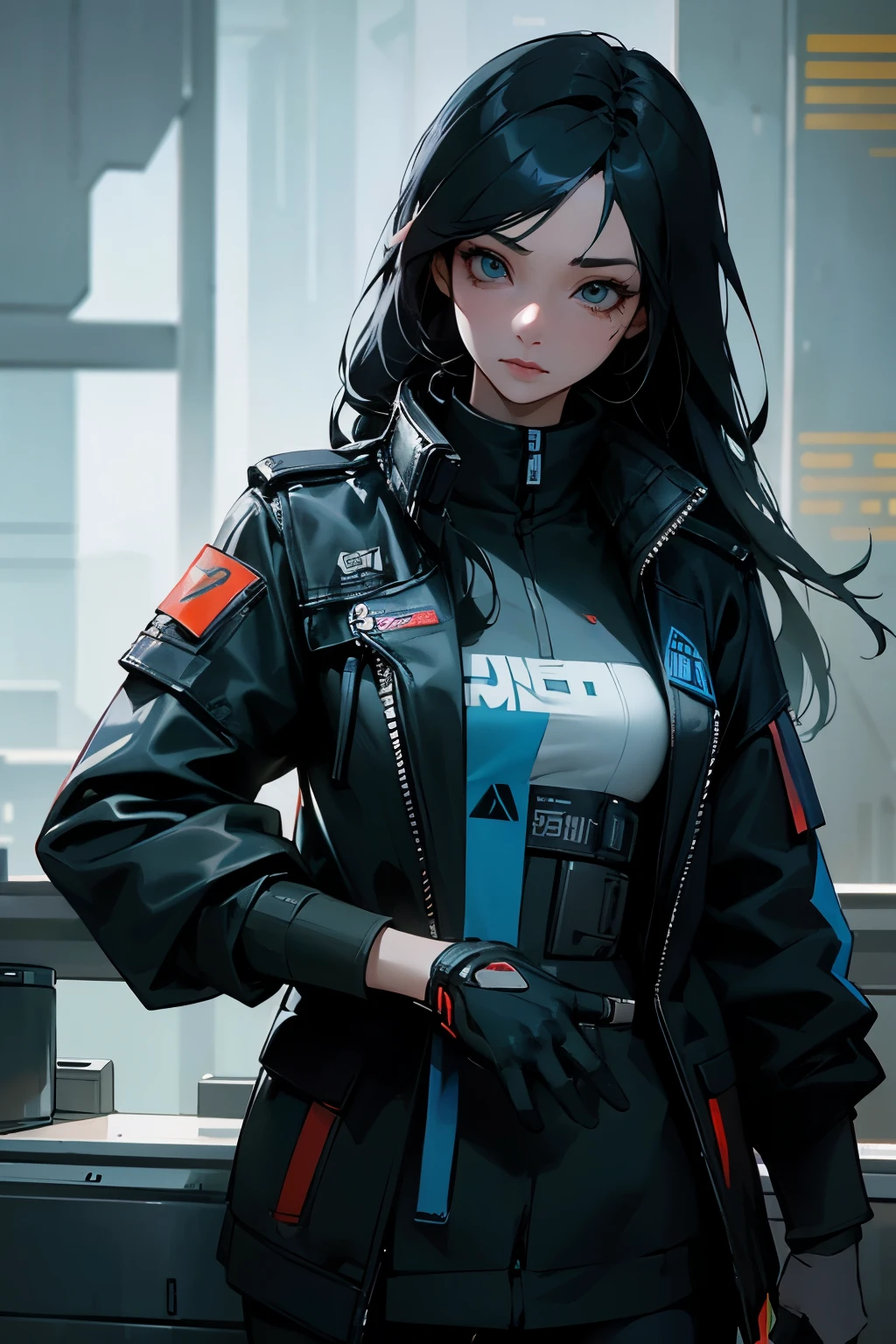 a woman, black hair, long hair, korean, cyberpunk, futuristic city, ((masterpiece)), ((best quality)), cyberpunk style, detroit become human style.