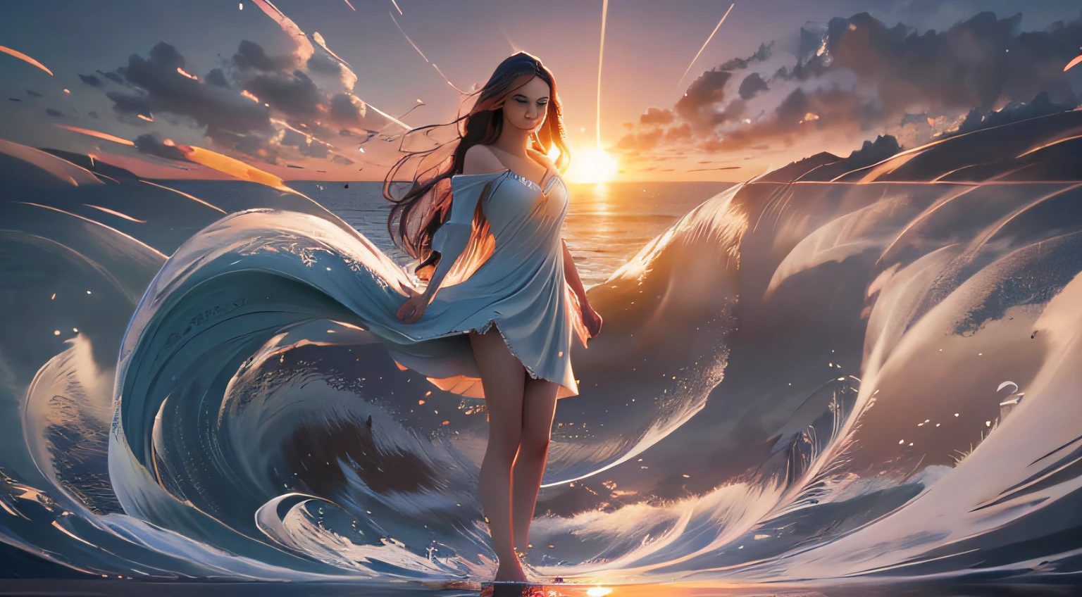 "Um cativante: `/criar prompt:Lady standing gracefully on a hill at sunset, characteristics of divine proportion, olhar cativante, sorriso celestial, beleza hipnotizante, with a breathtaking body of water glistening at dawn, against a majestic maritime backdrop. Incorporar elementos de videoarte, matte painting techniques, and create a cinematic landscape that looks remarkably realistic.`"