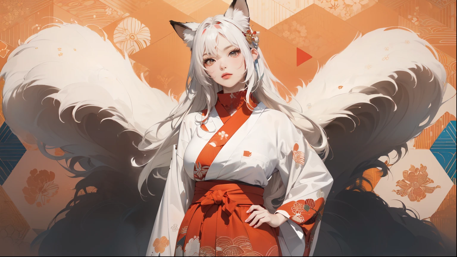 ((8k wallpaper of extremely detailed CG unit, ​masterpiece, hight resolution, top-quality, top-qualityのリアルテクスチャスキン)), (very beautiful and attractive woman, The upper part of the body, Landscape composition, Pose like a model with your hands in your pockets:1.5, Wear a Japanese-patterned haori over a turtleneck:1.2, Japanese pattern micro mini shorts:1.2), (messy white hair, Plump lips, de pele branca, medium breast), (((Colorful background with geometric patterns, Japanese pattern background, warm color))), (high-angle:1.1), (hyper realisitic, digitial painting),  Fox's ears, fluffy ears,