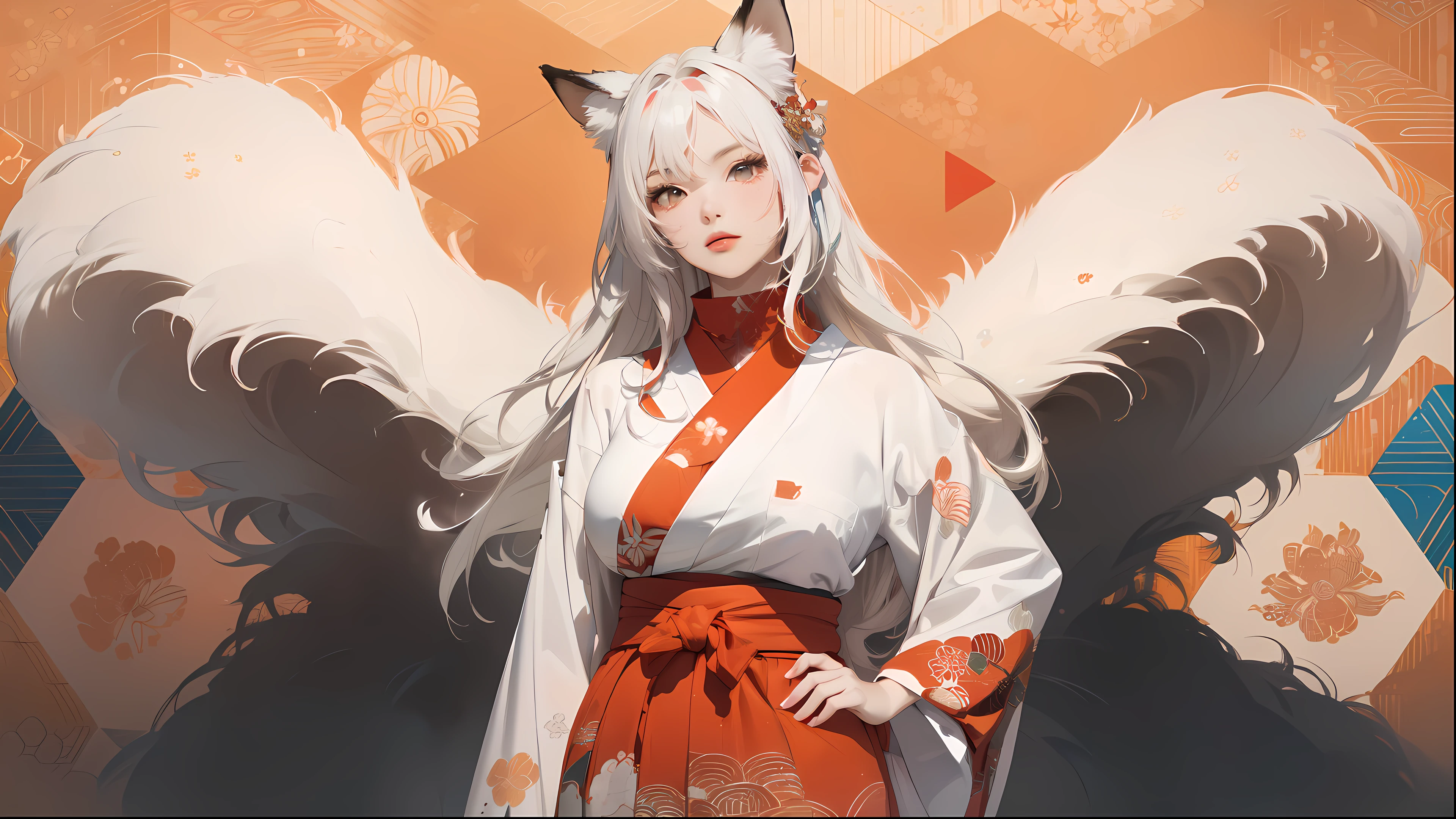 ((8k wallpaper of extremely detailed CG unit, ​masterpiece, hight resolution, top-quality, top-qualityのリアルテクスチャスキン)), (very beautiful and attractive woman, The upper part of the body, Landscape composition, Pose like a model with your hands in your pockets:1.5, Wear a Japanese-patterned haori over a turtleneck:1.2, Japanese pattern micro mini shorts:1.2), (messy white hair, Plump lips, de pele branca, medium breast), (((Colorful background with geometric patterns, Japanese pattern background, warm color))), (high-angle:1.1), (hyper realisitic, digitial painting),  Fox's ears, fluffy ears,