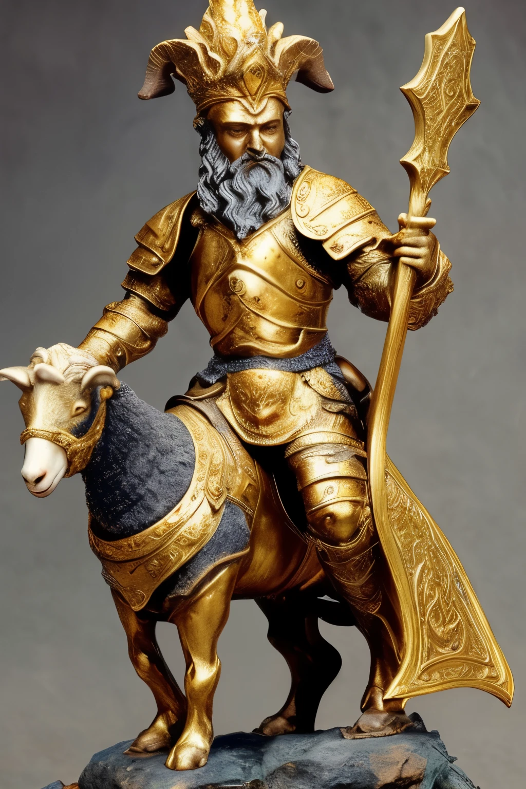 A majestic and intricately detailed statue of a handsome young dwarf king, clad in golden armor, proudly riding atop his war goat while holding aloft his battle axe. This masterpiece, captured in the best quality possible, showcases the king's perfect features with every line and curve meticulously rendered. ((high definition)), ((masterwork)), ((hyper-realistic)), golden armor gleaming, goat's muscles taut, axe raised high.