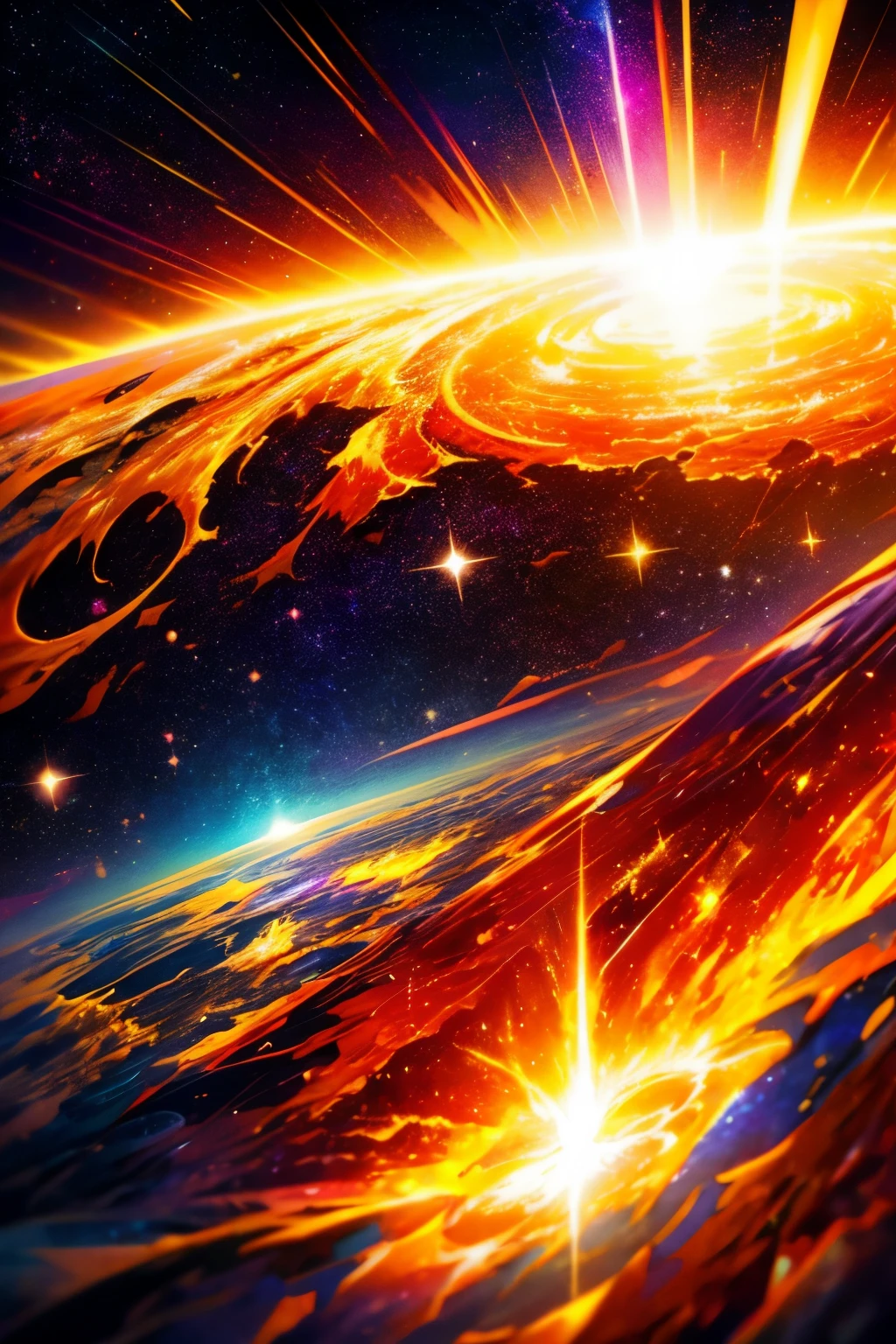 (main subject) sun explosion, celestial, stars, (material) digital artwork, (additional details) vibrant colors, glowing effects, cosmic energy, (image quality) best quality, ultra-detailed, vivid colors, (art style) abstract, (color tone) warm tones, (lighting) dramatic lighting