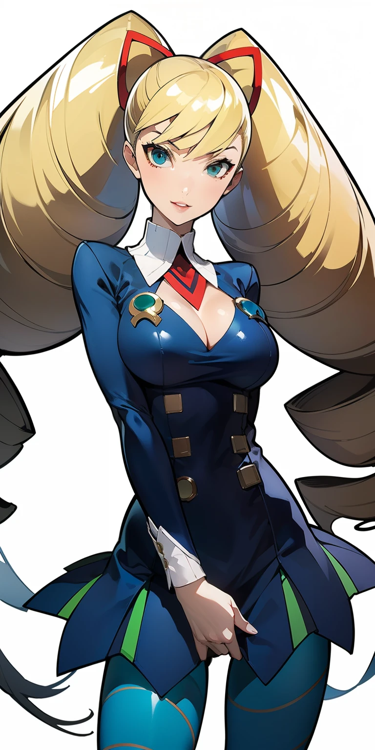 (Soejima Shigenori), masterpiece, best quality,1girl, adult Luna platz, (large breasts), mmplatz, twintails,twin drills,dress, blue pantyhose, pantyhose, Female, standing, straight, looking at viewer, with a collar around the neck