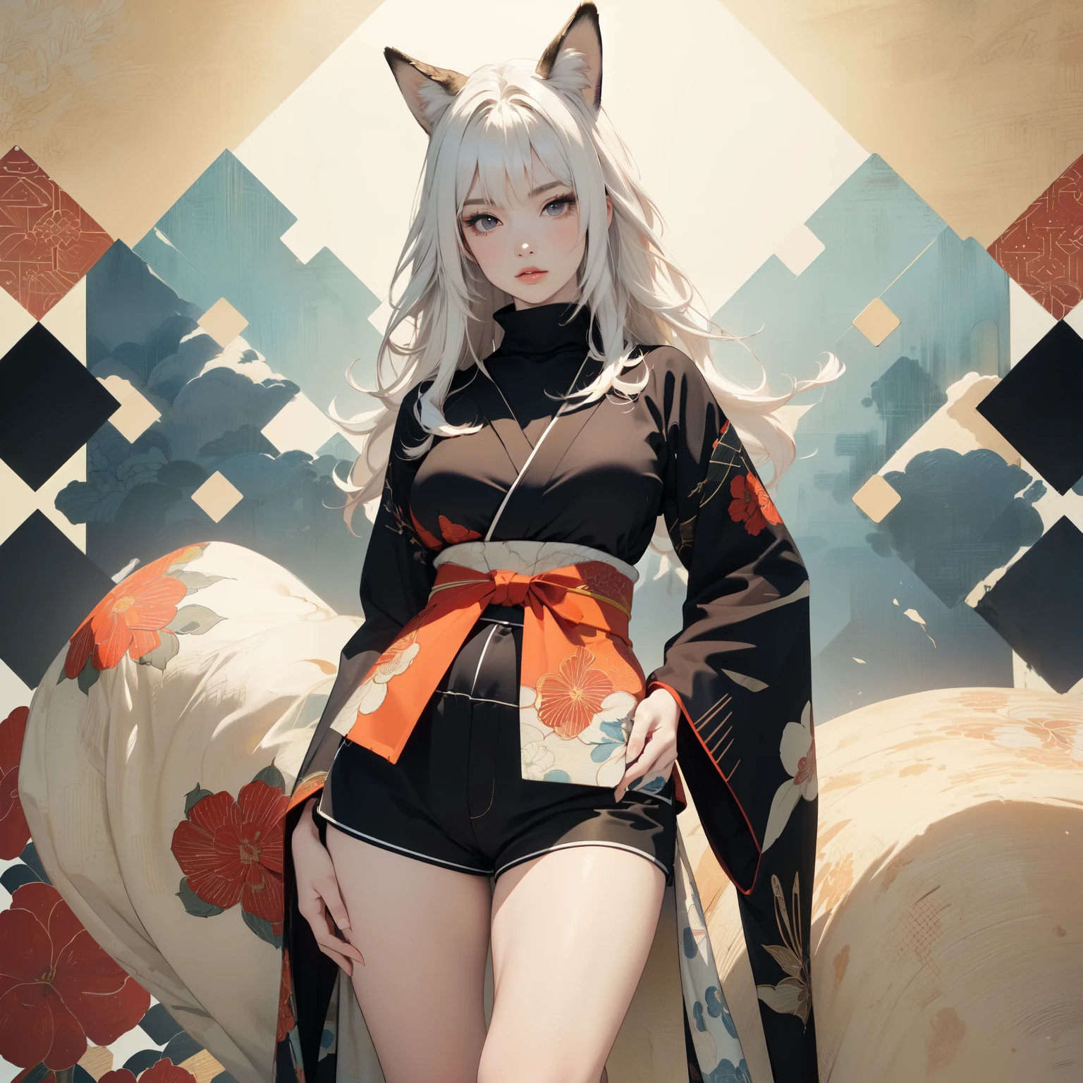 ((8k wallpaper of extremely detailed CG unit, ​masterpiece, hight resolution, top-quality, top-qualityのリアルテクスチャスキン)), (very beautiful and attractive woman, The upper part of the body, Landscape composition, Pose like a model with your hands in your pockets:1.5, Wear a Japanese-patterned haori over a turtleneck:1.2, Japanese pattern micro mini shorts:1.2), (messy white hair, Plump lips, de pele branca, medium breast), (((Colorful background with geometric patterns, Japanese pattern background, warm color))), (high-angle:1.1), (hyper realisitic, digitial painting),  Fox's ears, fluffy ears,