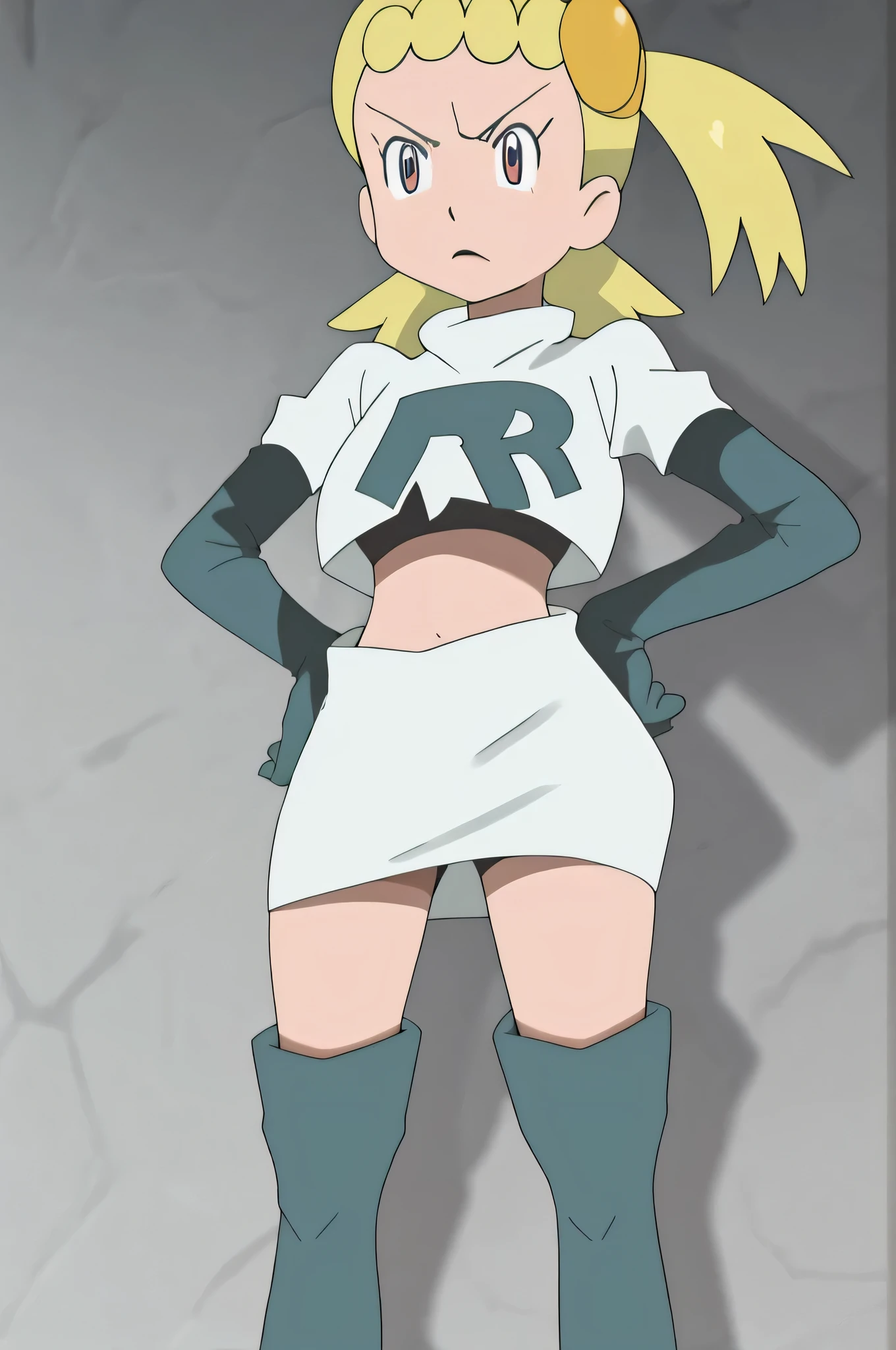8k, anime screencap,1girl in, (Solo:1.2), (Perfect body:1.1), (Best Quality:1.1), , very large breast, hands on hip,team rocket uniform, red letter r, white skirt,white crop top,black thigh-high boots, black elbow gloves, glaring angrily, looking at viewer, hands on hips,zettai ryouiki, Bonnie