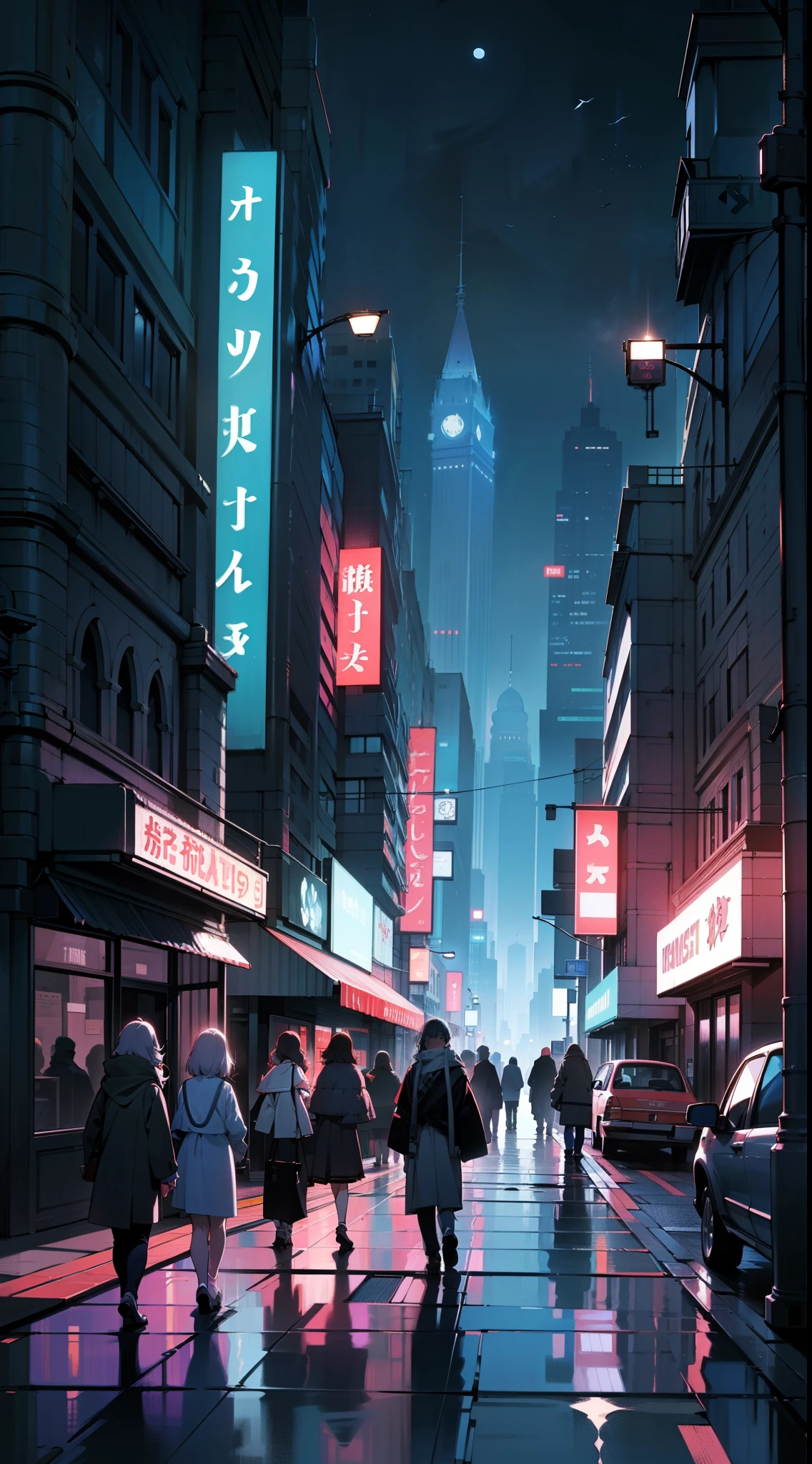 (best quality, 4k, 8k, highres, masterpiece:1.2), ultra-detailed, (anime: 1.2), city street scene with people walking on the sidewalk and cars, futuristic street, art deco, on the moon, masterpiece, cinematic angle, dynamic framing, 1990's vintage looking cel-shaded anime, by Rumiko Takahashi