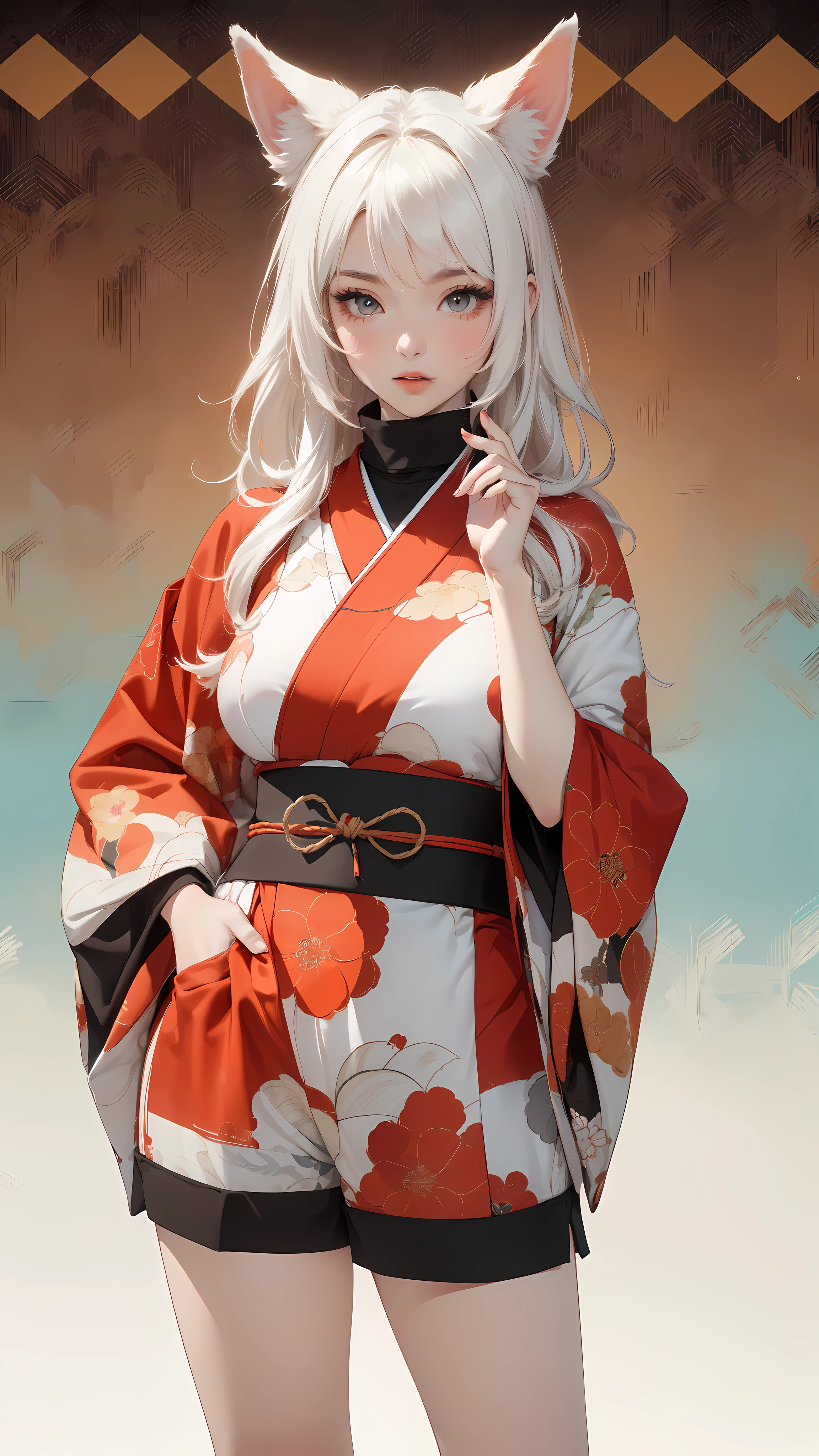((8k wallpaper of extremely detailed CG unit, masterpiece, hight resolution, top-quality, top-qualityのリアルテクスチャスキン)), (very beautiful and attractive woman, The upper part of the body, Landscape composition, Pose like a model with your hands in your pockets:1.5, Wear a Japanese-patterned haori over a turtleneck:1.2, Japanese pattern micro mini shorts:1.2), (messy white hair, Plump lips, de pele branca, medium breast), (((Colorful background with geometric patterns, Japanese pattern background, warm color))), (high-angle:1.1), (hyper realisitic, digitial painting), Fox's ears, fluffy ears,