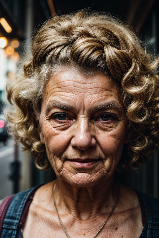 Portrait photography, Australasian, old woman, Curly, Dirty Blonde, Deep Set, Flat Cupid's Bow, Round with Soft Cheekbones, Excited, Jumping, Hipster, Rembrandt lighting, Street, Fujifilm GFX 100S, Dutch angle, Eye level