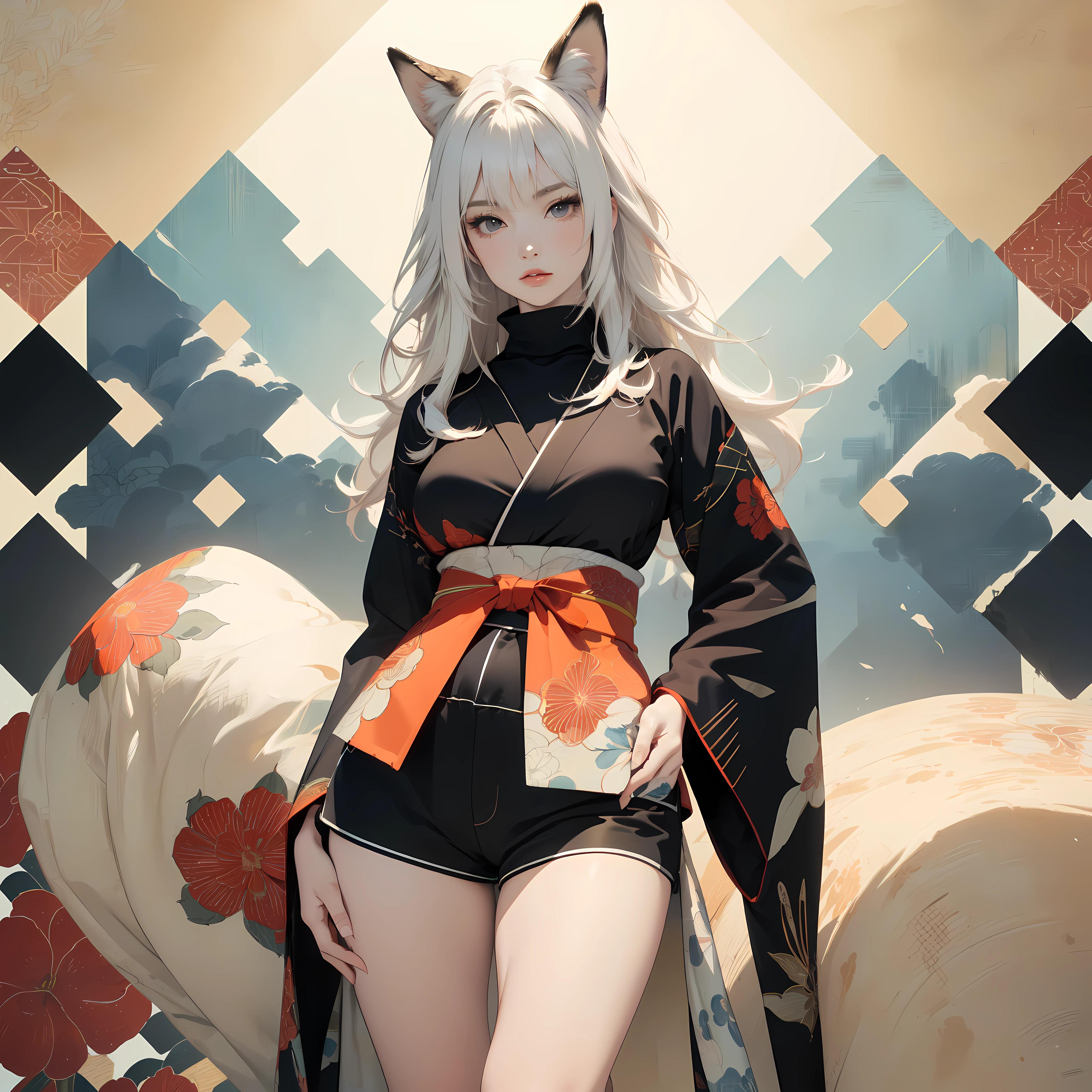 ((8k wallpaper of extremely detailed CG unit, masterpiece, hight resolution, top-quality, top-qualityのリアルテクスチャスキン)), (very beautiful and attractive woman, The upper part of the body, Landscape composition, Pose like a model with your hands in your pockets:1.5, Wear a Japanese-patterned haori over a turtleneck:1.2, Japanese pattern micro mini shorts:1.2), (messy white hair, Plump lips, de pele branca, medium breast), (((Colorful background with geometric patterns, Japanese pattern background, warm color))), (high-angle:1.1), (hyper realisitic, digitial painting), Fox's ears, fluffy ears,