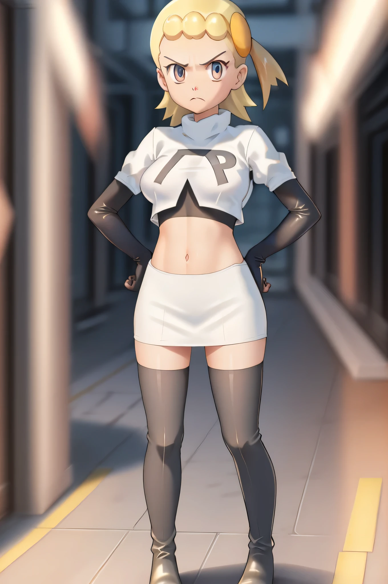 8k, anime screencap,1girl in, (Solo:1.2), (Perfect body:1.1), (Best Quality:1.1), , very large breast, hands on hip,team rocket uniform, red letter r, white skirt,white crop top,black thigh-high boots, black elbow gloves, glaring angrily, looking at viewer, hands on hips,zettai ryouiki, Bonnie