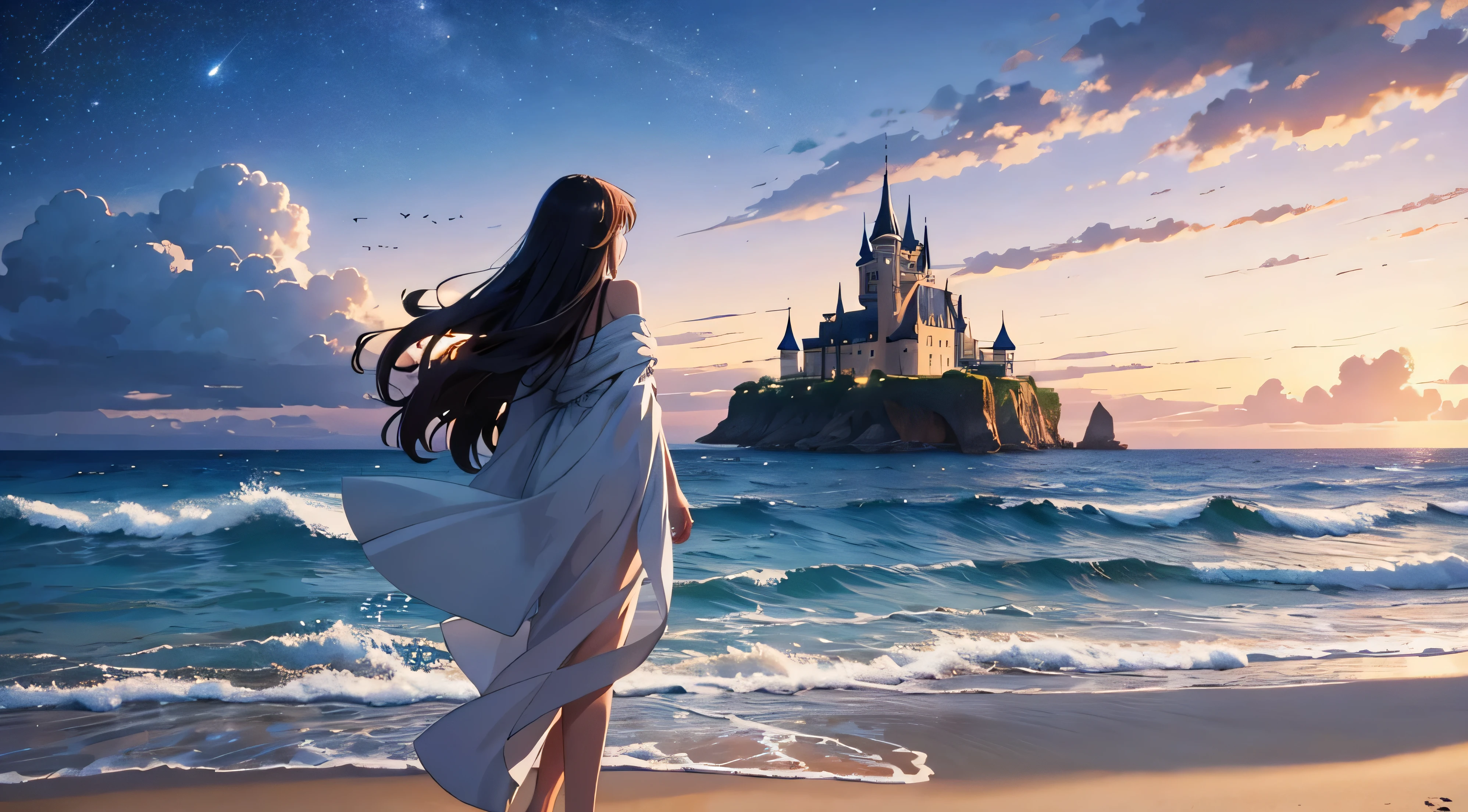 Meisterwerk, top quality, 16K UHD,
Stehen, Sandstrand,
Anime im alten Stil der 1980er Jahre,
Girl with long flowing hair,
Blick auf die Burg, Meereshorizont,
Nachthimmel, Tief, Dark atmosphere,
Vollmond, reichlich Sterne,
entfernt, Silhouette einer Burg,
sternenklares Meer,
magical white horse, runs,
bezaubernde Staubspur,
ruhige Strandlandschaft.

Meisterwerk, high resolution, 4K,
Rear view, Sandstrand,
1980s anime aesthetic,
Girls with flowing robes,
 Blickt auf die Burg am Horizont,
Tw