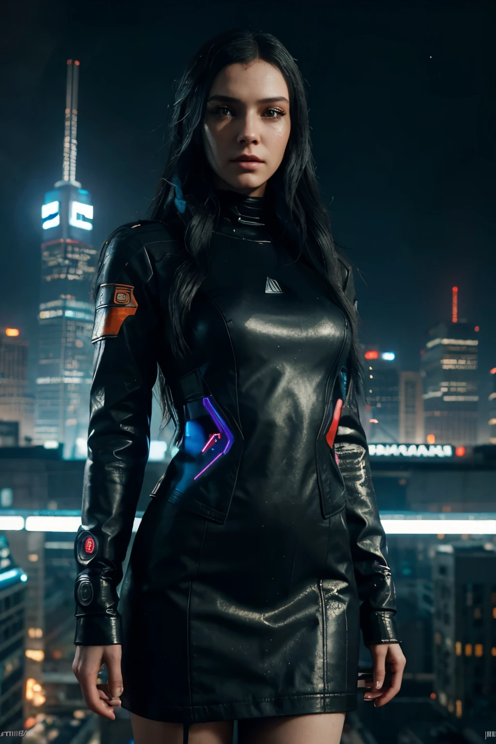 a woman, black hair, long hair, cyberpunk, futuristic city, ((masterpiece)), ((best quality)), cyberpunk style, detroit become human style.