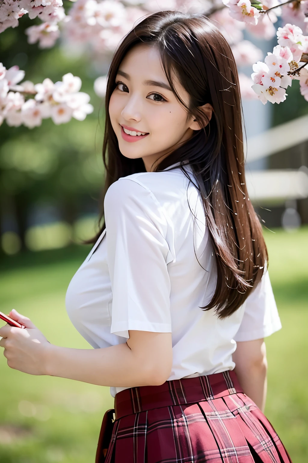 NSFW, 8k RAW photo, top-quality, ​masterpiece, 超A high resolution, film grains, filmg, 1girl in, looking at the viewers, natural skin textures, realistic eyes and face details, Full lips, lipsticks, (makeup), eyeshadows, Fluffy long hair, hair messy, A smile, closes mouth, Beautiful legs, Tall lady, skiny, slim_Legs, 独奏, large full breasts, cleavage of the breast, They made me eat my lunch.、Arn、He brings food to my mouth with chopsticks、a miniskirt, buttock, The shirt, Cherry blossom viewing area、Beautiful cherry blossom place, Around the position of the flower, (细致背景), plaid skirts, white  shirt, large full breasts, cleavage of the breast,  lowfers, blurry backround, bblurry, ngel, Plaid, shortsleeves, JK Ribbon, brown haired, Eau, bangss, 校服, jewely, cparted lips, s lips, from the front side, skirt by the, depth of fields