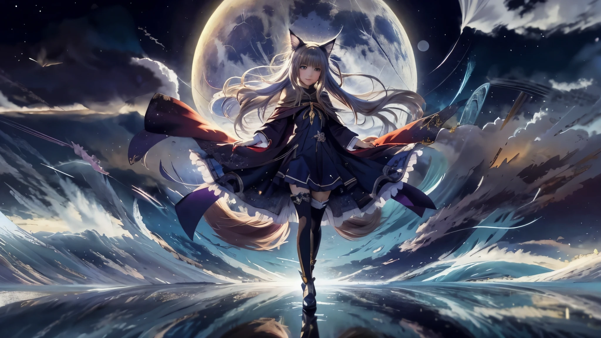 Anime girl with long hair and a cloak standing in front of the earth, mysterious、Smile、anime style 4k, anime art wallpaper 8k, anime art wallpaper 4k, anime art wallpaper 4k, 4k anime wallpaper, Nightcore, anime wallpaper 4k, anime wallpaper 4k, very beautiful anime cat girl, anime fantasy artwork, Beautiful anime cat girl