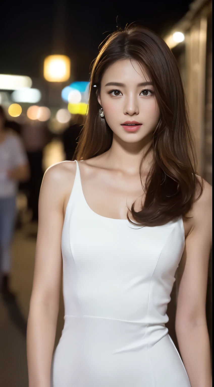 ((Realistic lighting, Best quality, 8K, Masterpiece: 1.3)), Focus: 1.2, 1girl, Perfect Figure: 1.4, Slim Abs: 1.1, ((Dark brown hair)), (White dress: 1.4), (Outdoor, Night: 1.1), City streets, Super fine face, Fine eyes, Double eyelids,